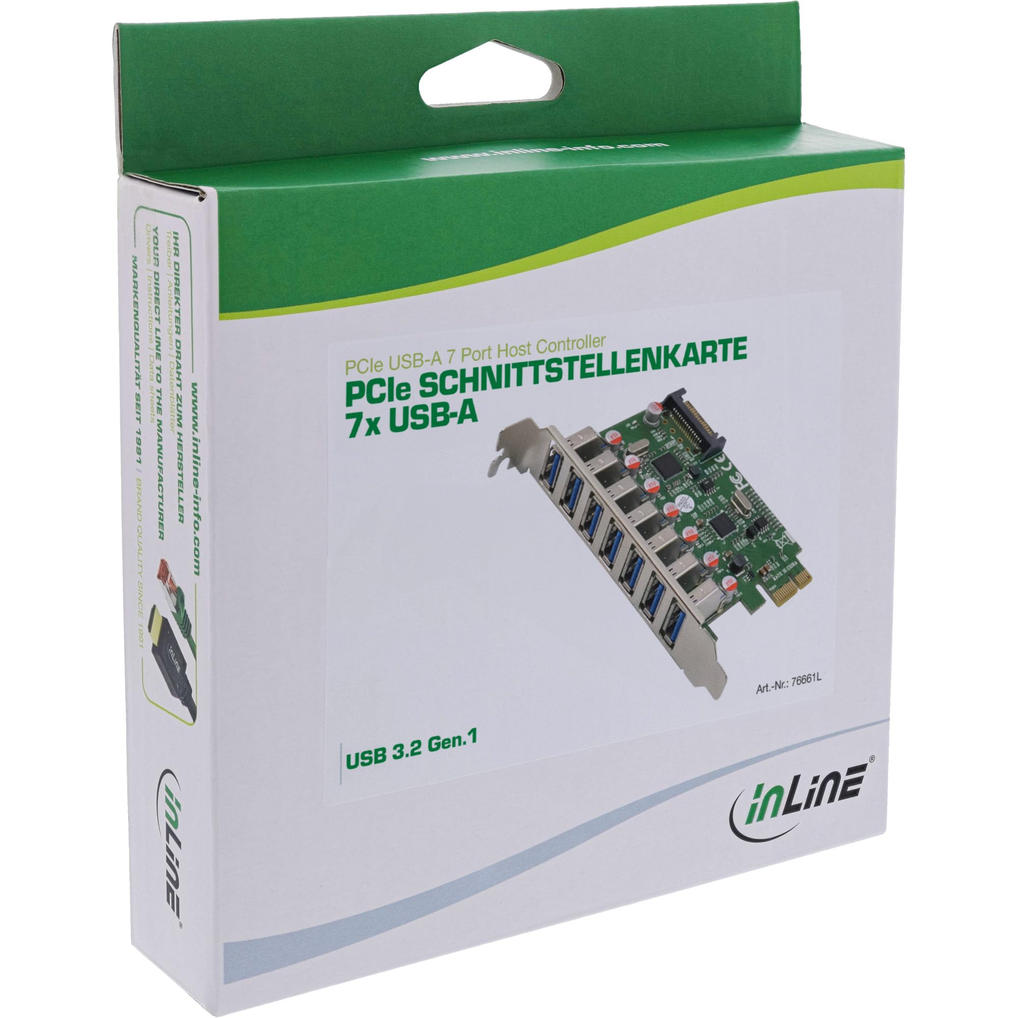 InLine PCIe 76661L - Tarjeta USB 3.2 (7 Puertos USB-A Gen.1, 5 GB/s, conexión de alimentación SATA, VL805, para Windows y Linux)