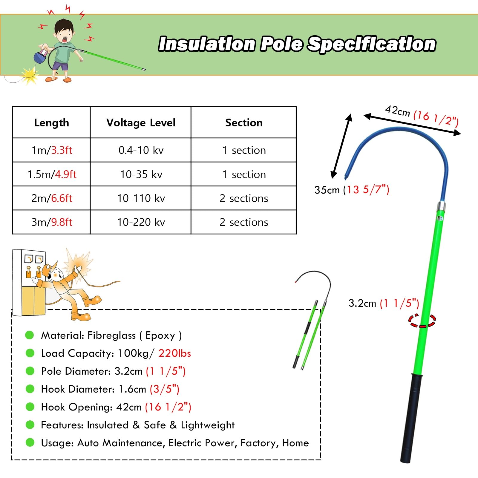 Gancio di salvataggio isolato ad alta tensione, palo in fibra di vetro resistente per sicurezza elettrica, supporta 99,8 kg, perfetto per sottostazioni, fabbriche, scuole, 3 m