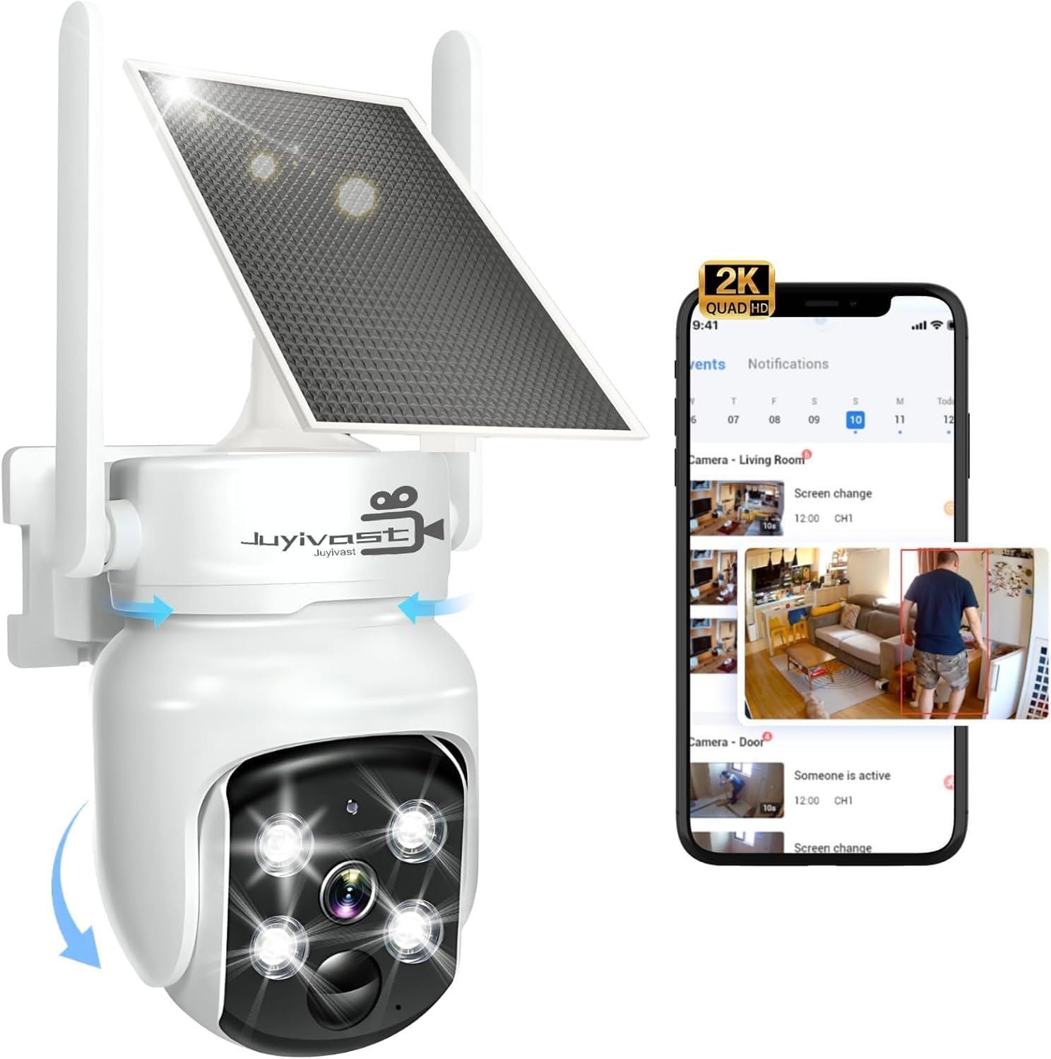 Solar Security Cameras Wireless Outdoor, 2K Pan/Tilt 360° View Home Security Camera Outside Battery Powered 2.4G/5.8Ghz Wireless WiFi Cameras with PIR Motion Detection, 2-Way Audio, Night Vision, IP65