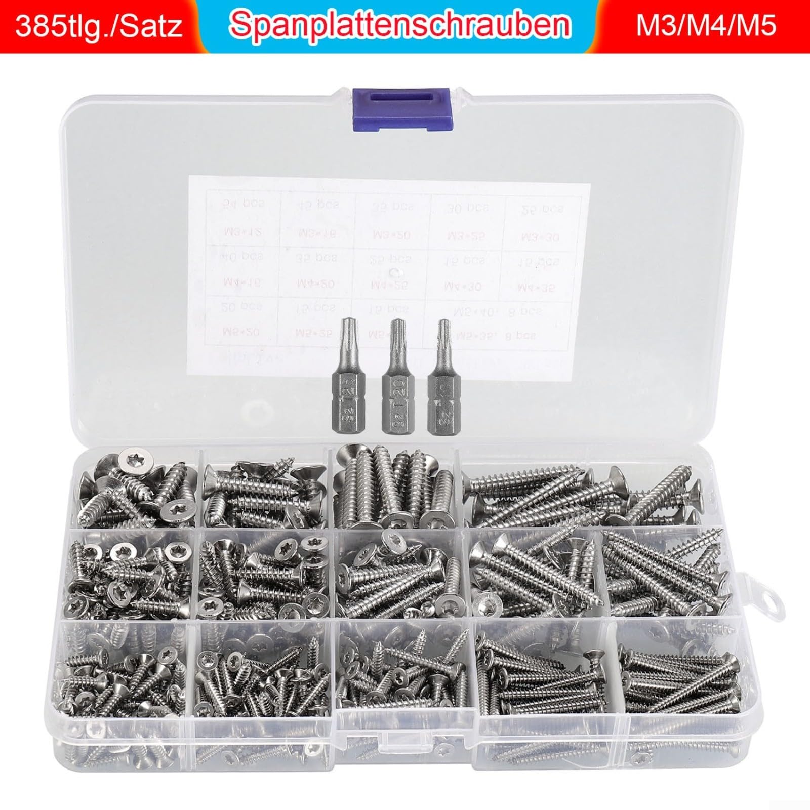 Kit di viti autofilettanti in acciaio inox per torx, 385 pezzi, con punte | Acciaio inossidabile 304, per testa svasata torx, nessuna pre-foratura necessaria, scatola organizzata per metallo, legno