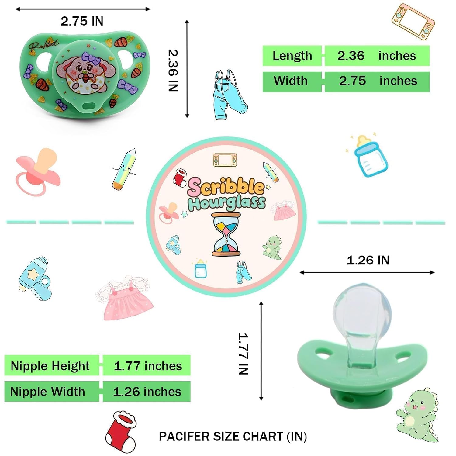 Cute Green Bunny Comfort Soother with Clip & Reusable Storage Case, Large Shield Design for Relaxation, Sleep Support, Sensory Comfort & Quiet Time, Kawaii Bunny Egg Style