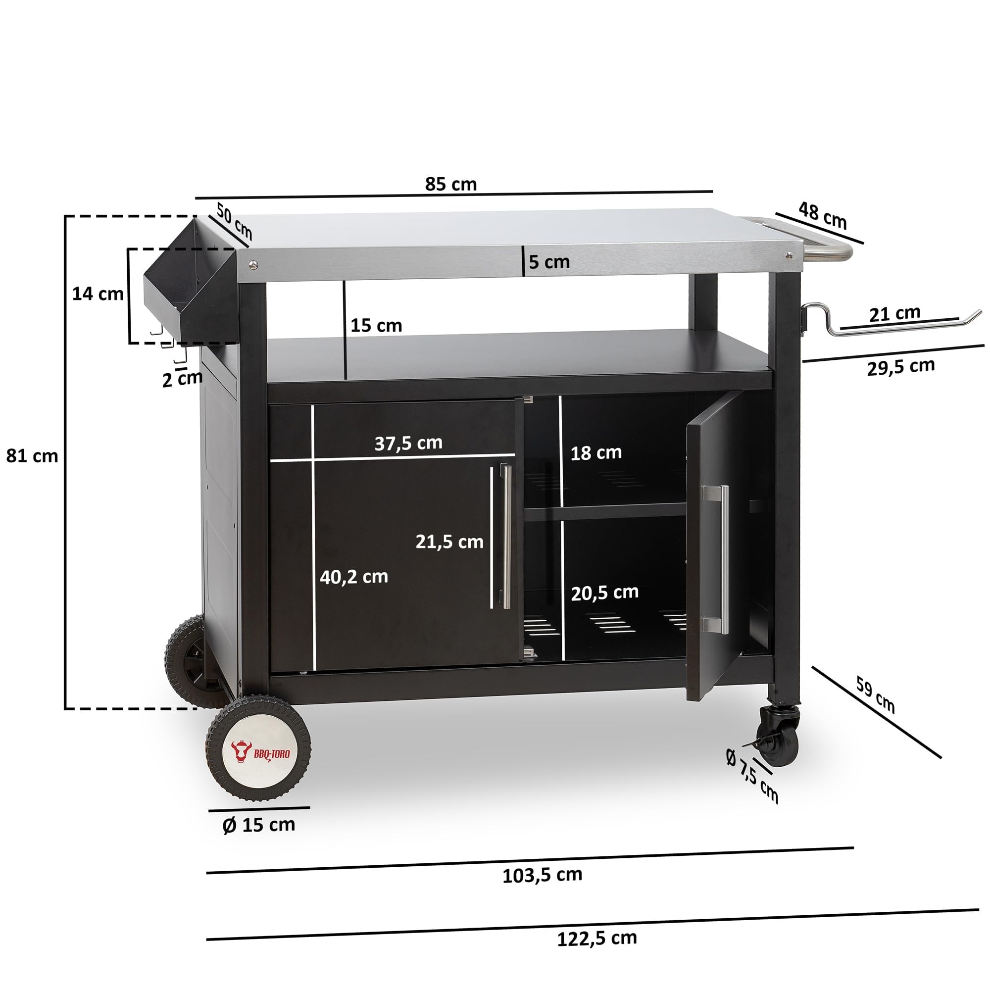 BBQ-Toro Chariot de barbecue 103,5 x 59 x 81 cm - Argenté/noir - Table de barbecue avec grande surface de travail - Table d'appoint pour barbecue d'extérieur - Chariot de barbecue d'extérieur