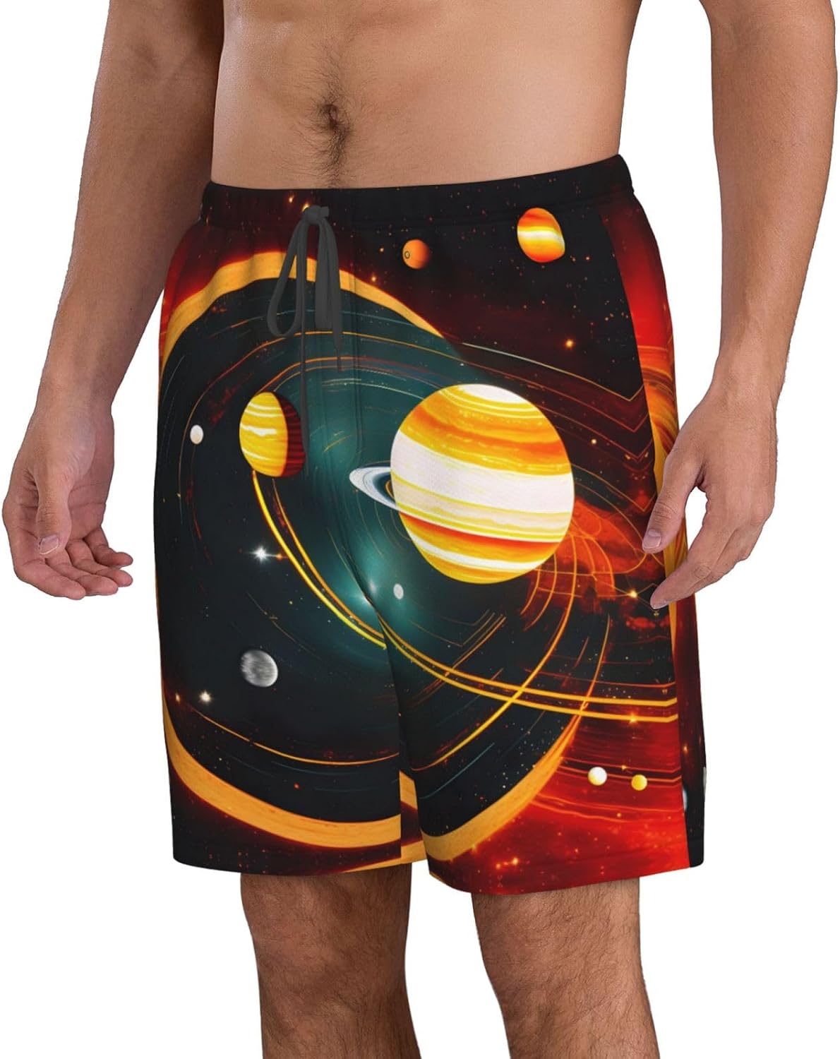 Solar System Jupiter Saturn Print Men's Quick-Drying Shorts Casual Beach Pants Stretch Waist Shorts and Pockets