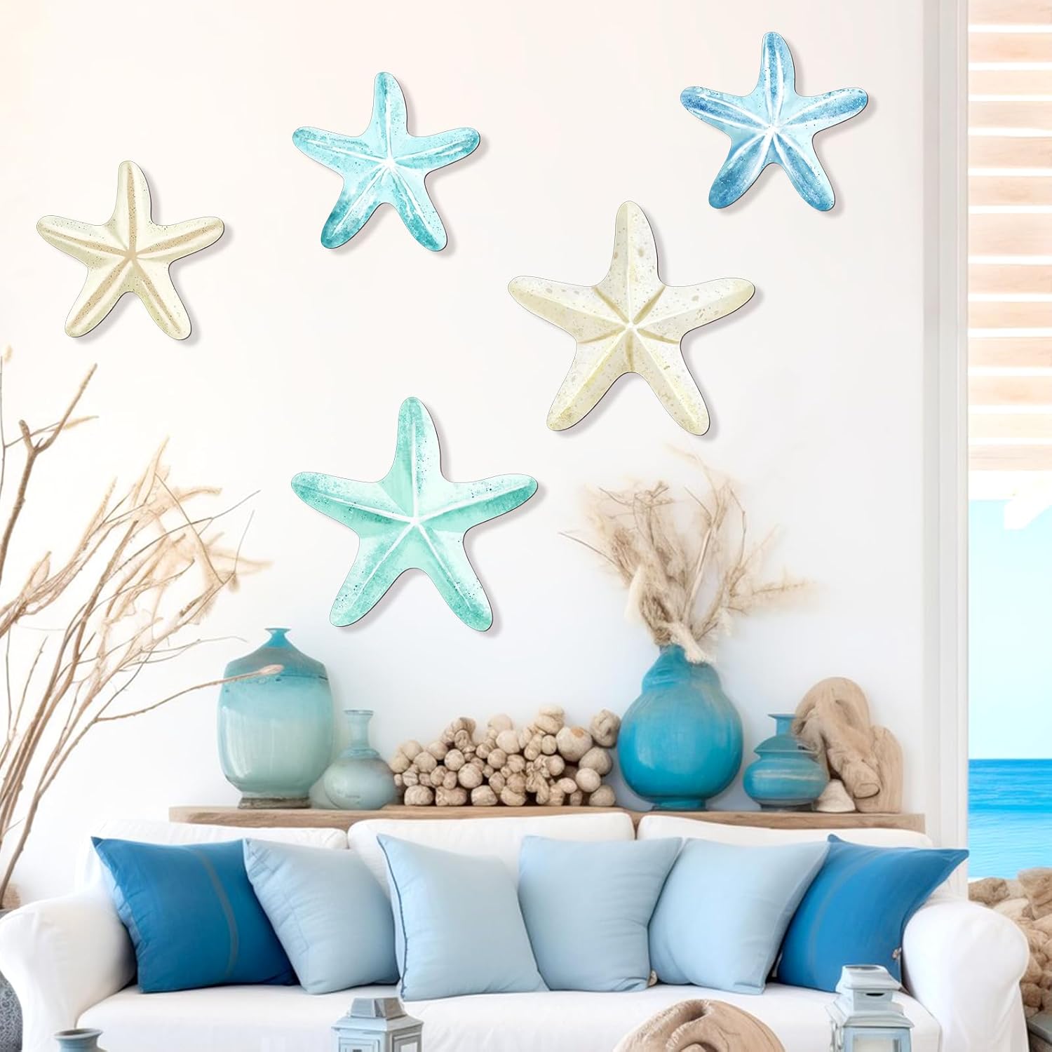 KOYILTD 5 Pcs Beach Wall Art Coastal Nautical Starfish Wall Decor Natural Wood Finish Wall Hanging Home Decor for Bathroom Living Room Patio, Flat Not 3D Artificial Starfish (Unique) - Image 7