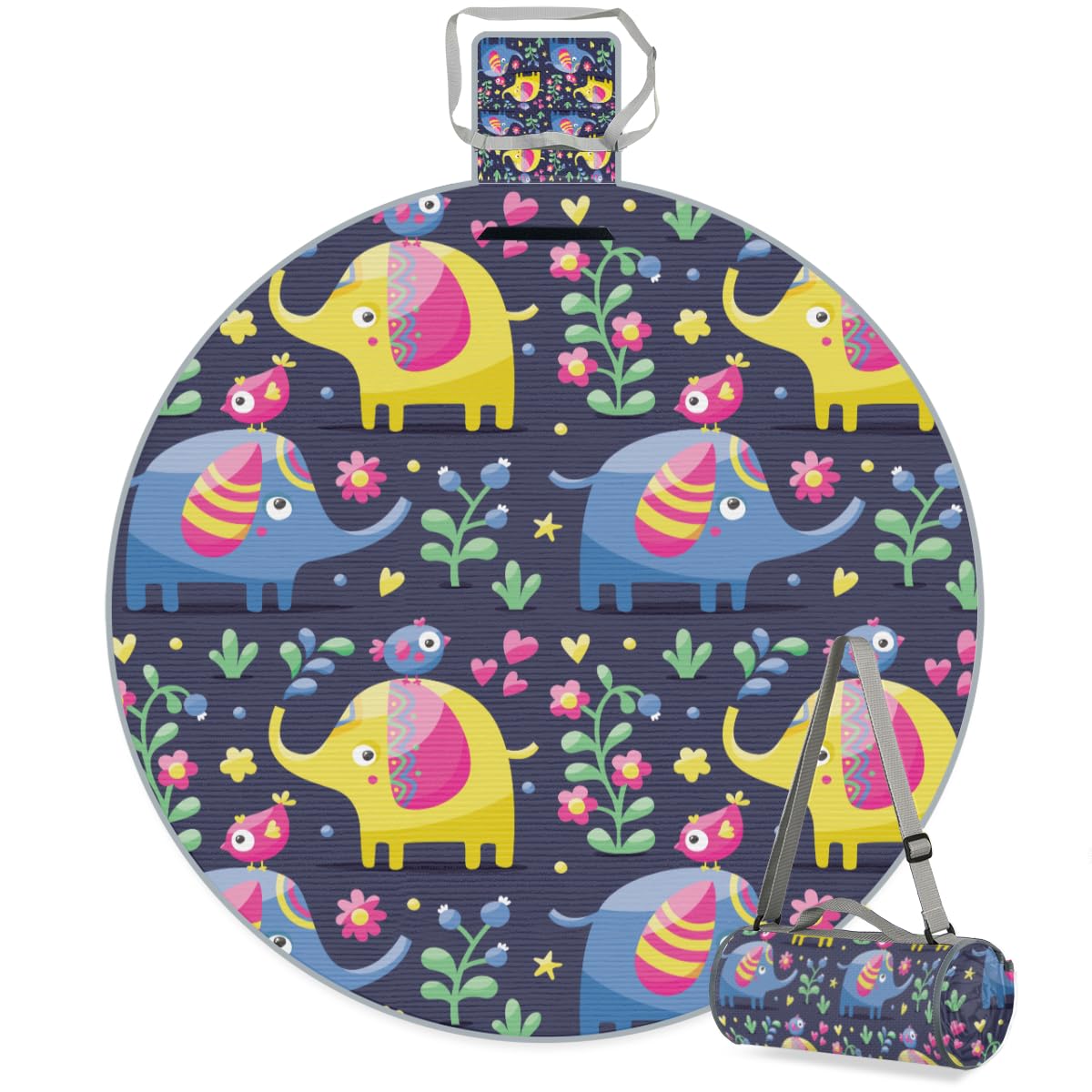 Shimoshe Bird Flower Elephant Picnic Outdoor Blanket Foldable Waterproof Sandproof Beach Blanket Portable Water-Resistant Round Picnic Mat for Travel Camping Park Lawn