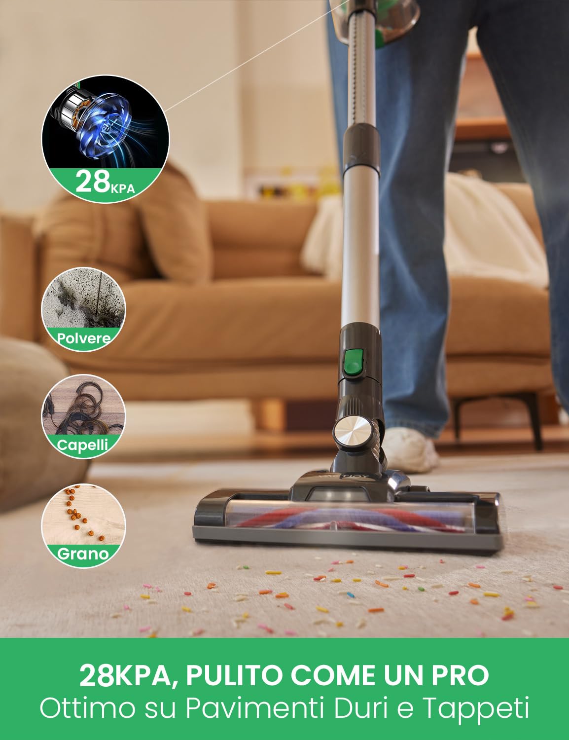 Vactidy V8 Aspirapolvere Senza Fili Potente,Scopa Elettrica Senza Fili 28kpa 4 in 1, 45 Minuti di Autonomia con Batteria Rimovibile, Luci LED,Aspirapolvere Portatile Ultra-leggero,Verde