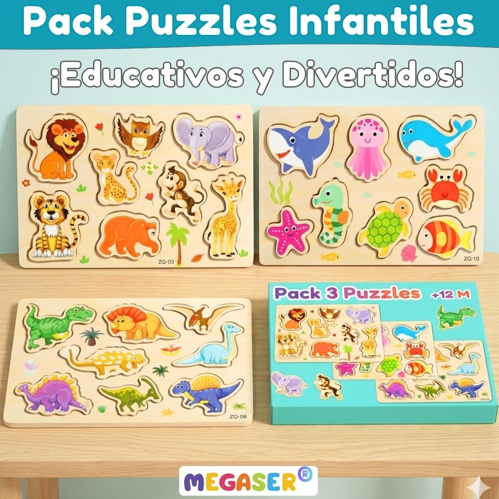 Pack 3 Puzzle Madera Niños y Niñas 1, 2 y 3 años, Puzzles Encajables 24 Animales Coloridos, Puzzle Madera Bebé 1 año, 2 años y 3, Guardería, Regalos Cumpleaños Infantil Educativos (Set 3 Puzzles)