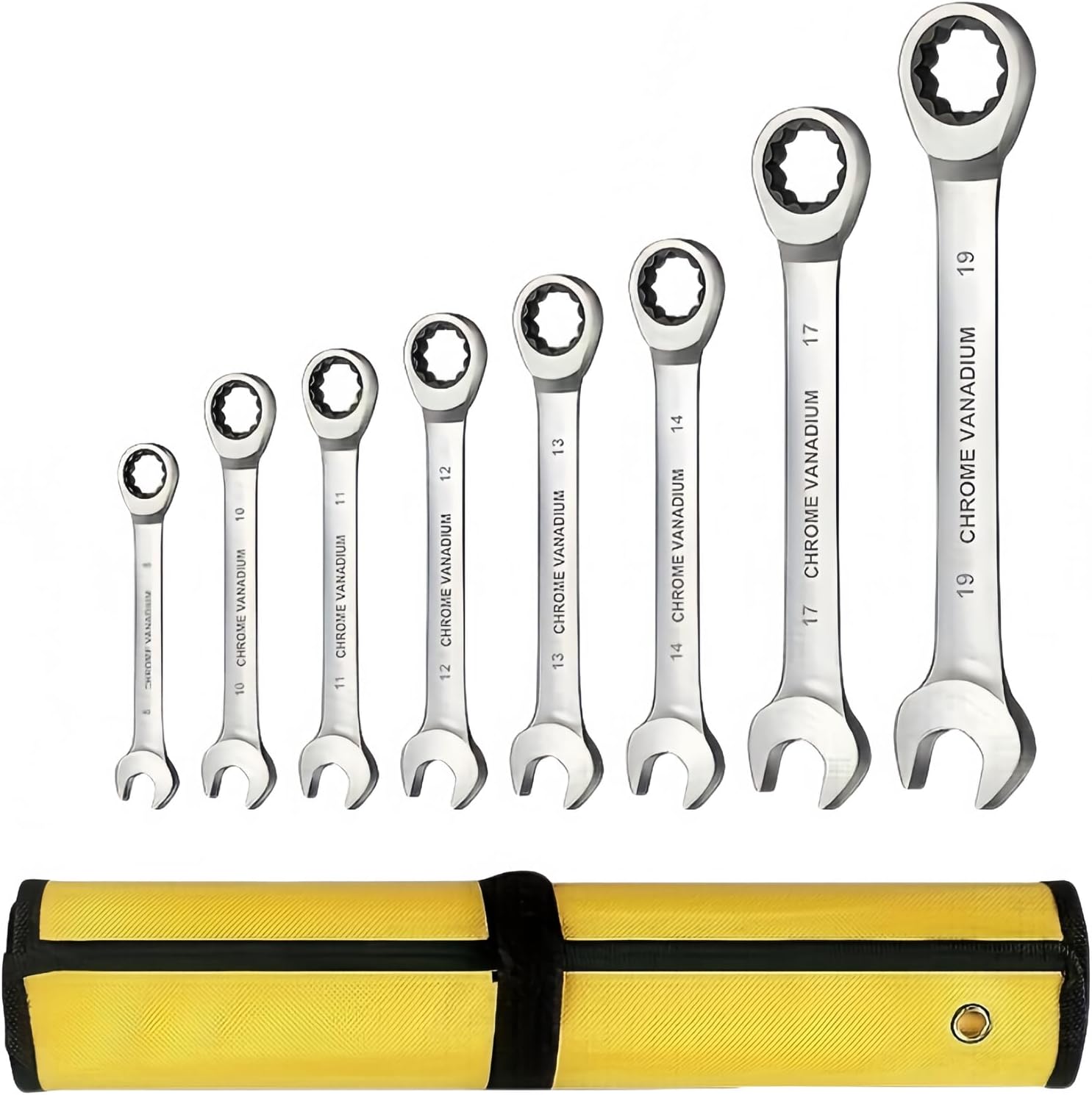 NANWEI 8-Piece Dual-End Ratcheting Wrench Set, 72-Tooth, Metric 8-19 mm, Forged Cr-V Steel with Storage Pouch, for Auto Repair, Machinery, DIY & Gifts