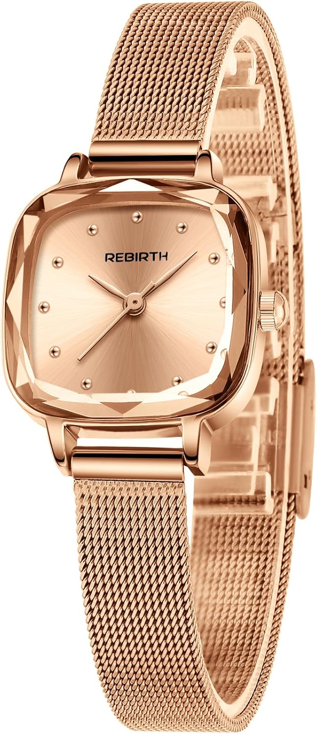 Reginald Women's Square Dress Watch with Mesh Band – Elegant Quartz Watch for Women, Faceted Crystal Case, Minimalist Dial, Adjustable Stainless Steel Bracelet