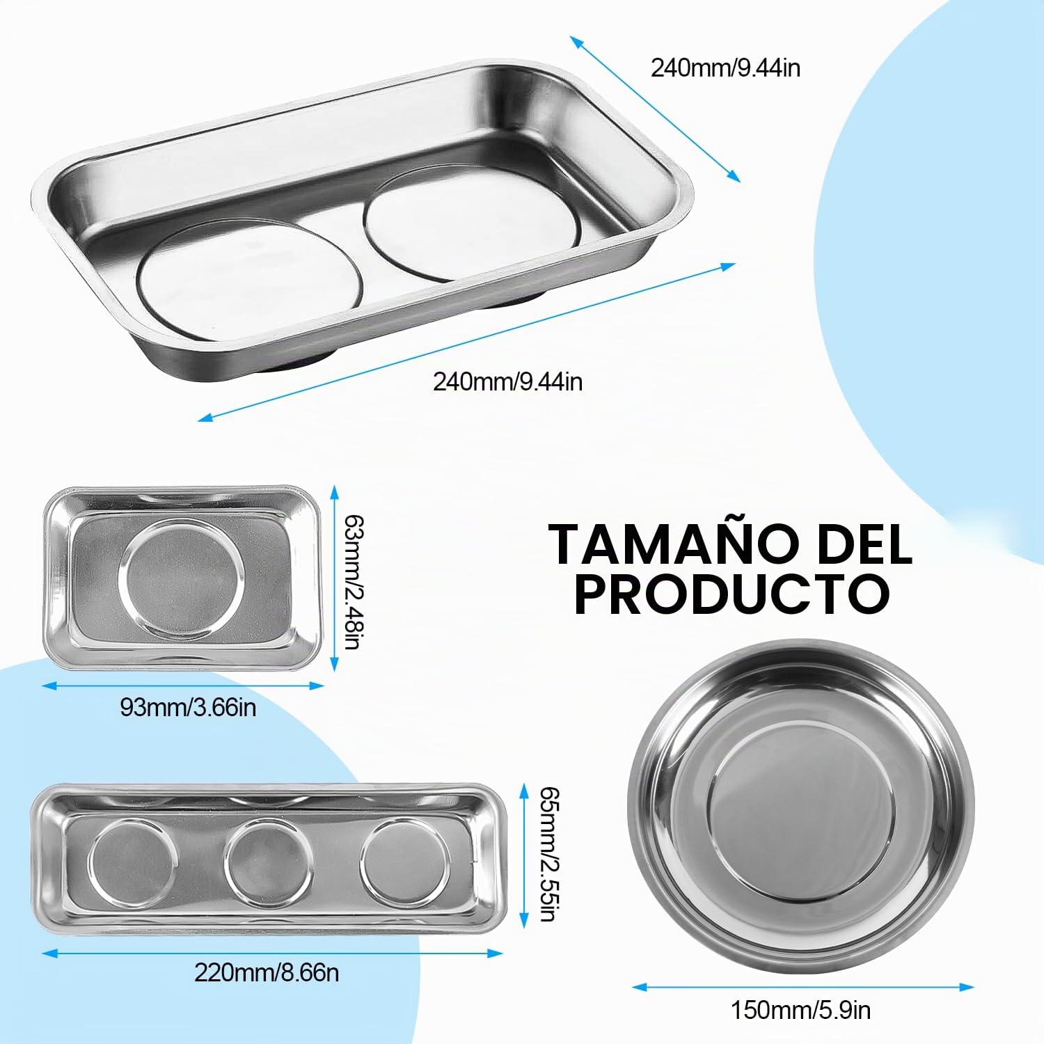 4 Piezas Juego de Bandejas Magnéticas, Bandejas de Acero Inoxidable Que Incluyen Bandejas Redondas y Rectangulares para Herramientas, Tornillos, Brocas y Clavos (4)