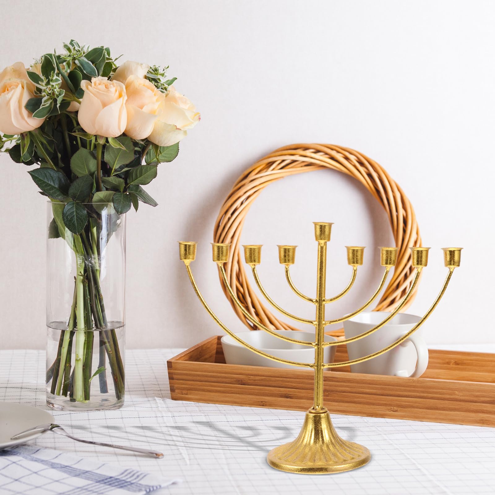 Menorah Ebraico a 9 Bracci, Candelabro in Ferro Dorato, Ornamenti da Tavolo per Decorazione Casa