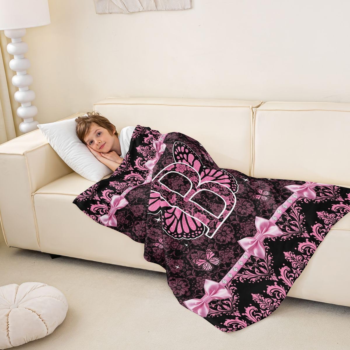 Coquette Aesthetic Butterfly Letter B Flannel Blanket Victorian Damask Pink Bow Fleece Blanket 40"x50" for Boys Girls Teen,Glam Preppy Y2K Initial Monogram Feminine Princess Floral Fuzzy Plush Throw
