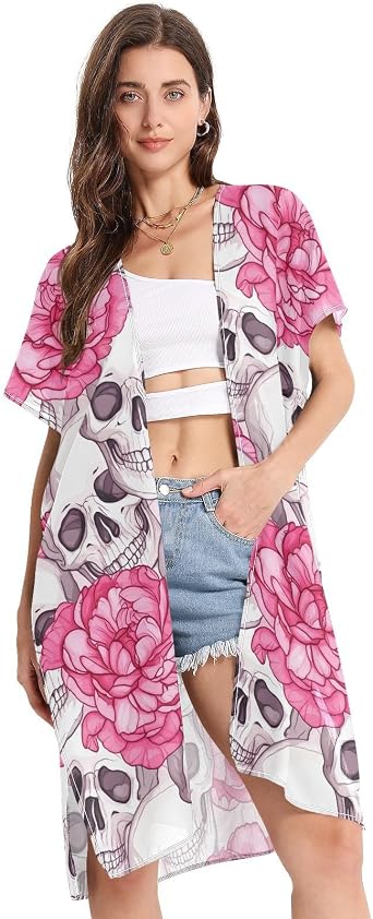 Skull Blossom Blush Beach Cover Ups Swimsuit Coverup Summer Bathing Cardigans Kimono for Women Cruise,S