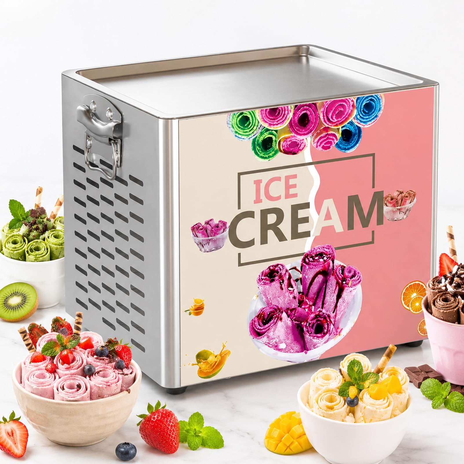 LYJIANGXIN 330W Commercial Ice Cream Roll Machine, Stainless Steel Single Square Pan Frozen Yogurt Stir-Fried Ice Cream Maker, Electric Tabletop Ice Pan for Restaurants, Cafés, Street Food & Home Use