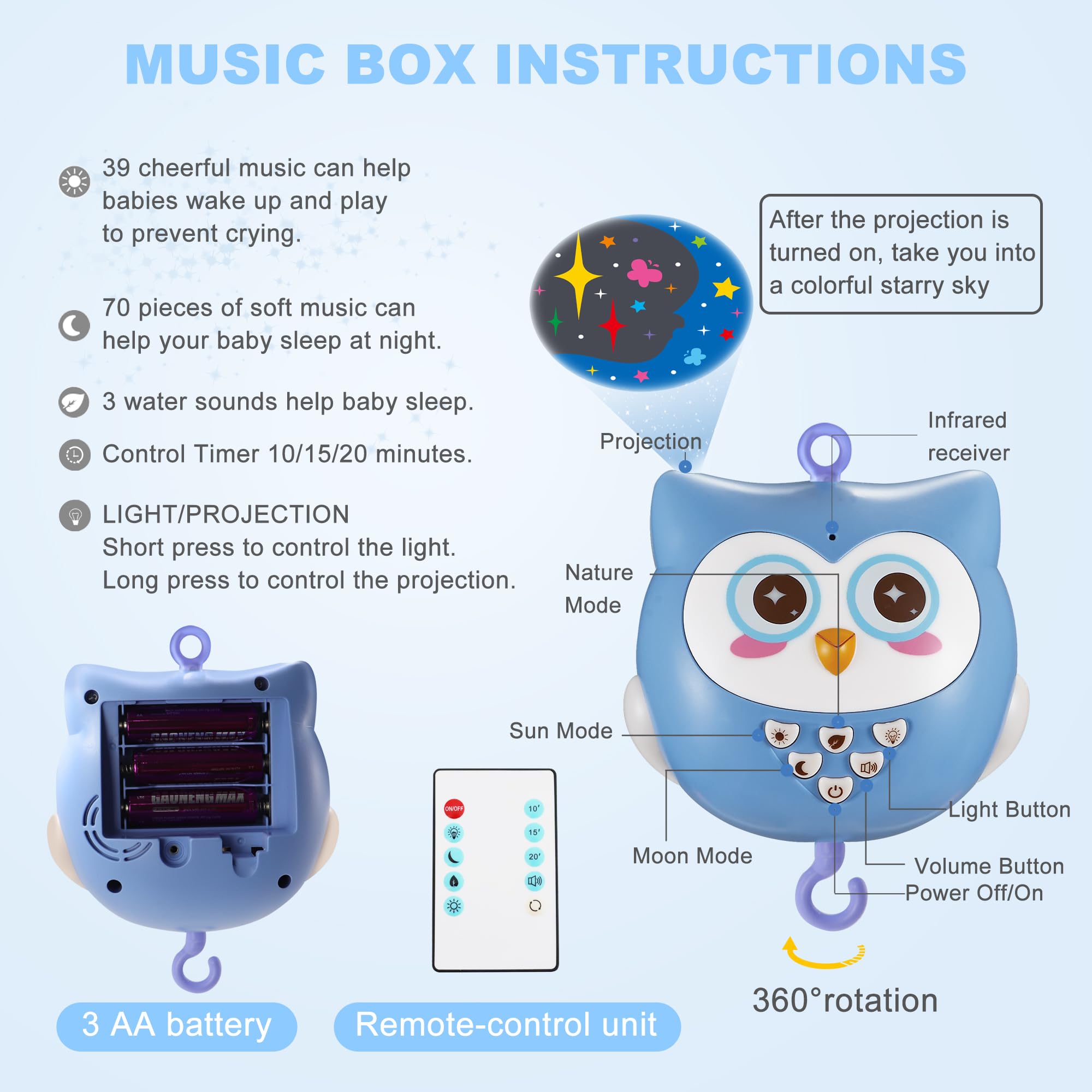 YUNGCHI Baby Crib Mobile with Music and Lights for Boys Musical Mobile Animals for Girl Crib Bassinet Toys Hanging Portable Baby Mobile for Pack and Play