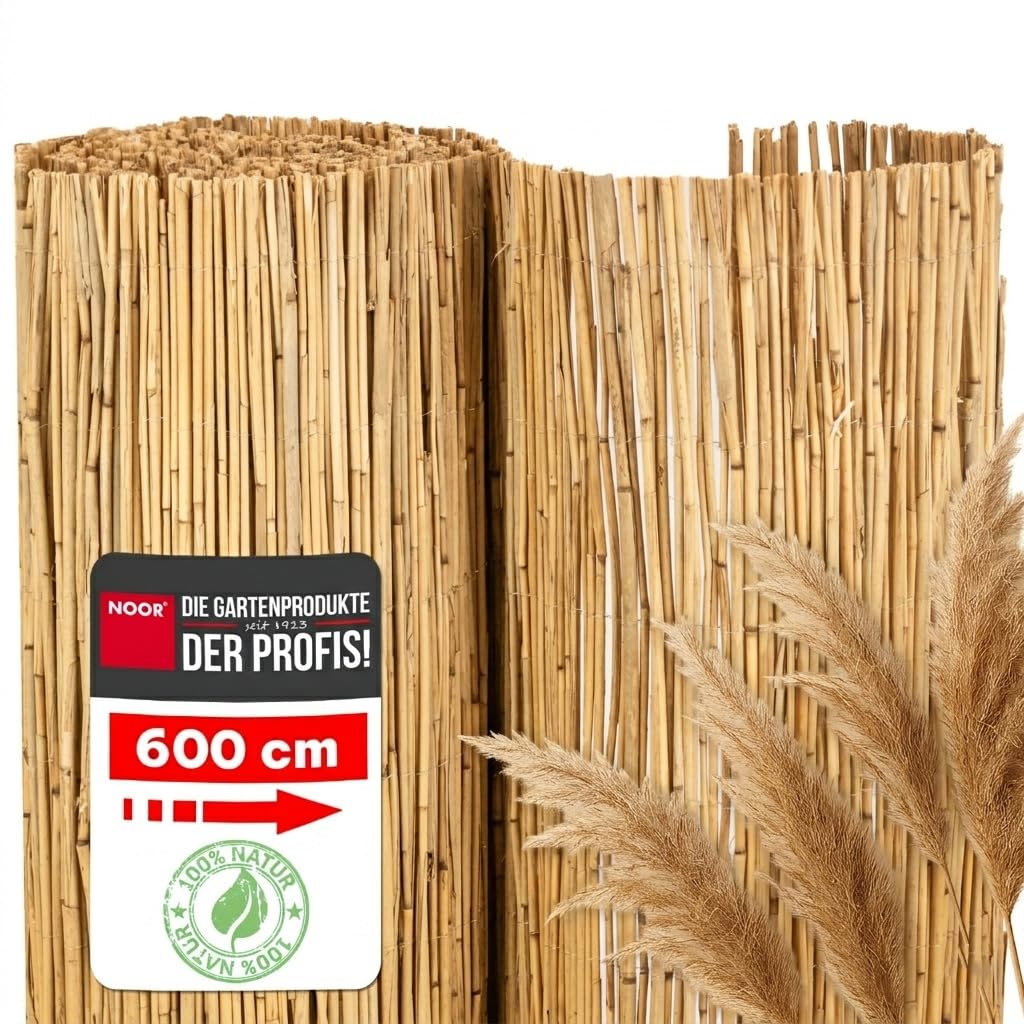NOOR Schilfrohrmatte NIZZA - Sichtschutzmatte Schilfzaun - Natur 2,0x6,0 m | Natürlicher Sicht- & Windschutz aus Schilfrohr für Garten, Terrasse & Balkon - Zaunblende verwebt mit verzinktem Draht