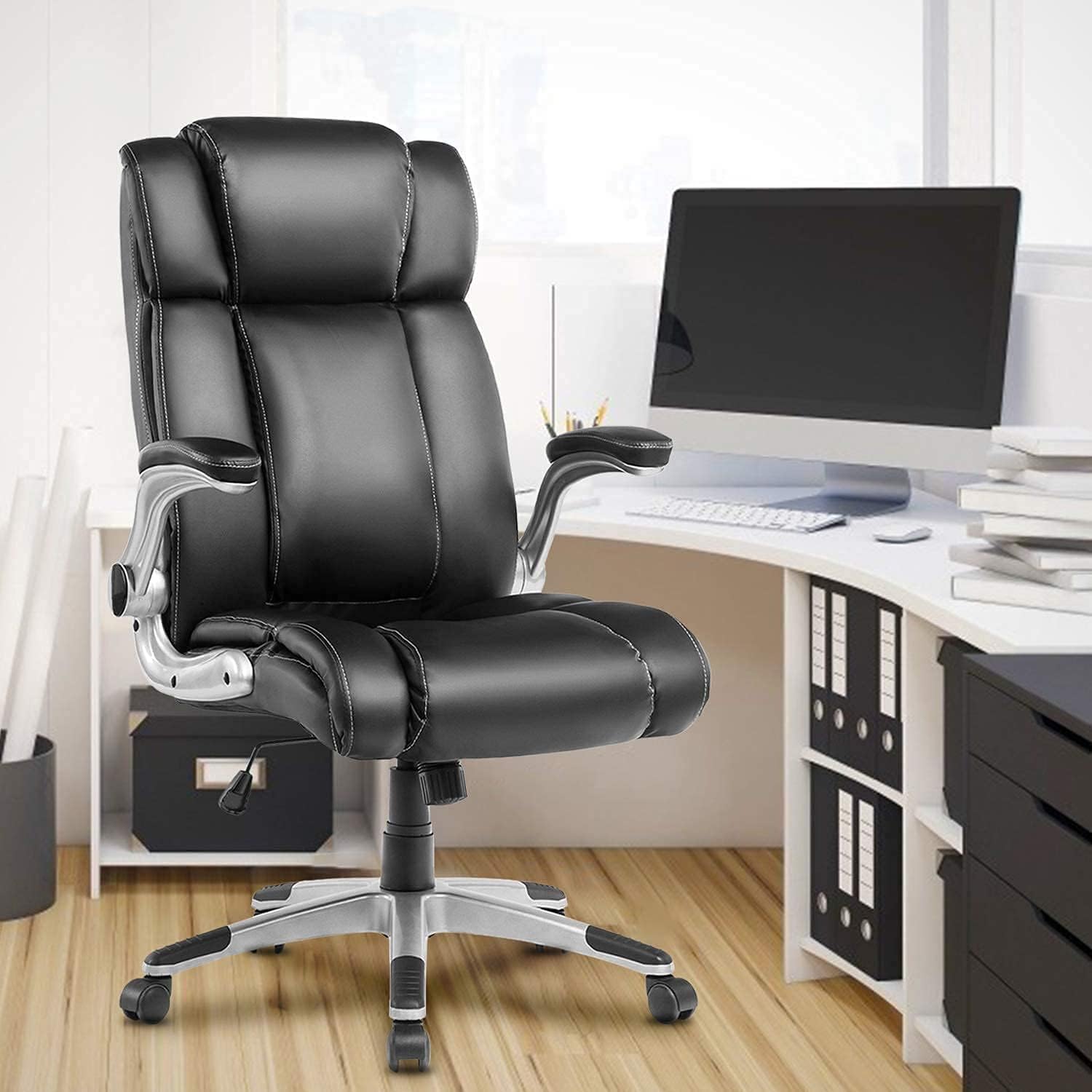 Executive Office Desk Chair with Flip-up Armrests, Executive Chair PU Leather Swivel Task Chair with Lumbar Support, Adjustable Height/Tilt, 360-Degree Swivel, 300Lb Weight Capacity : Office Products