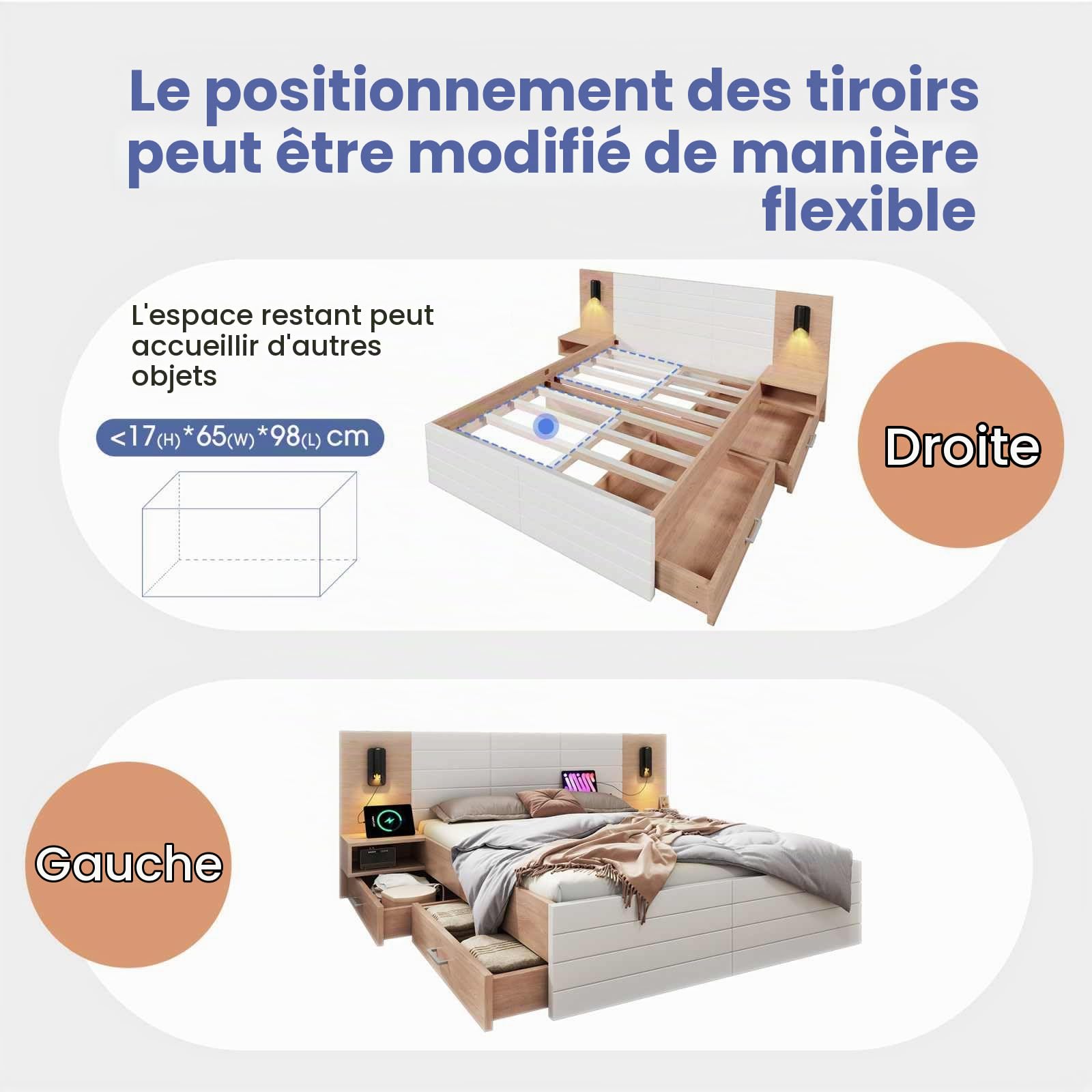YEHTOKHOME Lit Moderne en Bois avec Port de Charge USB et liseuse, Multifonctionnel lit avec 2 Tables de Chevet, 2 tiroirs et sommier à Lattes(sans Matelas) (Blanc + Chêne 2, 160x200cm)