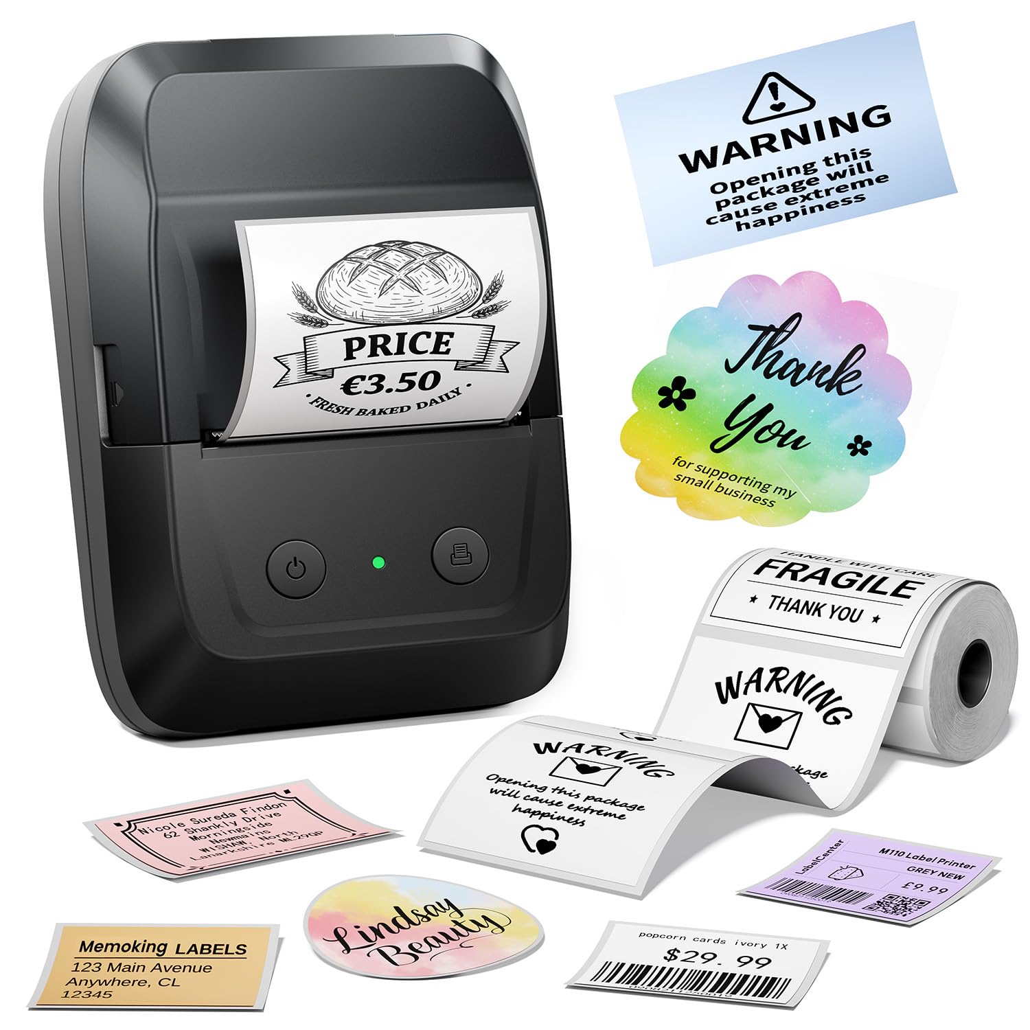 Memoking Bluetooth Etikettendrucker Selbstklebend, Tragbarer Etikettendrucker mit 2000 Symbolen und 300 Vorlagen, Barcode Etikettendrucker für Einzelhandel, kleine Unternehmen, Büro und Zuhause