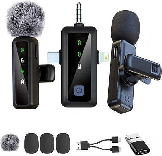 3 in 1 wireless lapel microphone for iPhone, Android and iPad, ideal for video recording, streaming, interviews, vlogs, TikTok and YouTube.