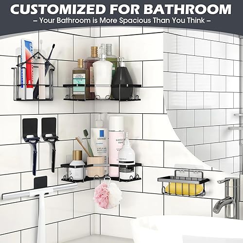 Miniatura 7 de Organizador de ducha esquinero de acero inoxidable, organizador de ducha con soportes y escobilla de ducha, estantes de ducha, estantes de ducha,