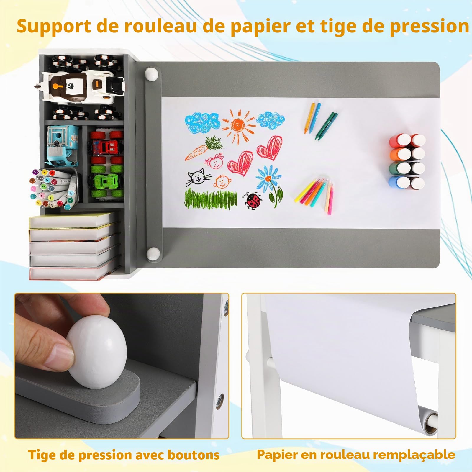 Clevich Table pour Enfant avec 2 Chaises, Table avec Espace de Rangement, Ensemble de Chaises en Bois, Bureau de Peinture avec Rouleau en Papier et 4 Boîtes de Rangement, Gris Blanc
