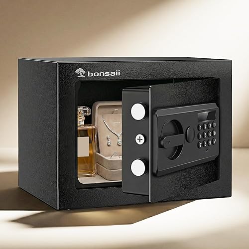 Bonsaii 0.23 Cu Ft Premium Safe Box with keypad, Type-C emergency power, dual steel locking bolts, and removable shelf for secure home or office