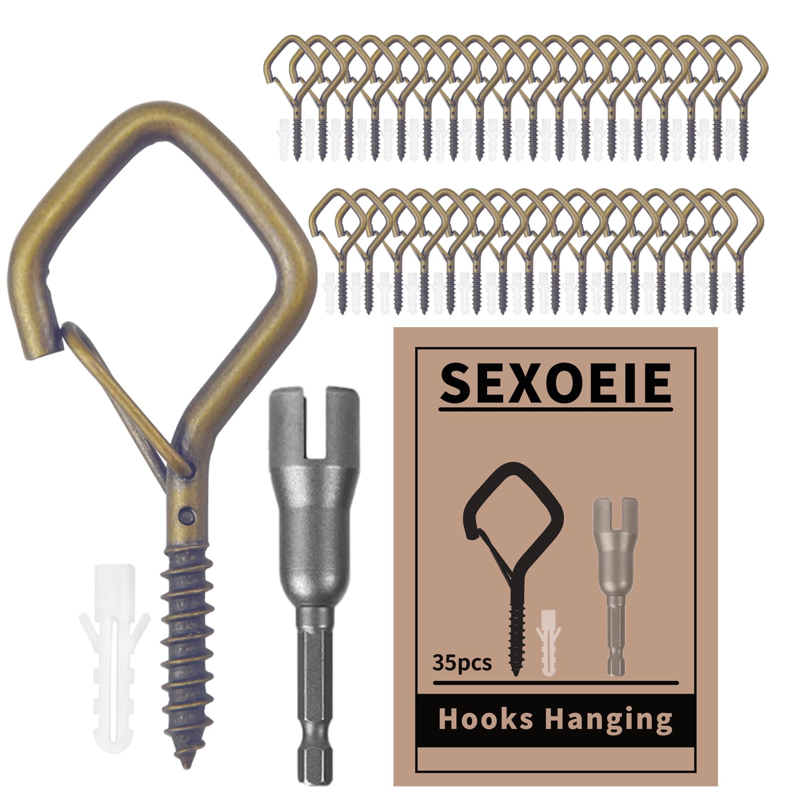 Sexoeie 35PCS Eye Screw Hooks for Hanging Heavy Duty with Safety Buckle.Metal Ceiling Hooks for Hanging Plants,Cup,Wind Chime,Bird Feeders,String Lights at Indoor&Outdoor,2.36 Inches Bronze