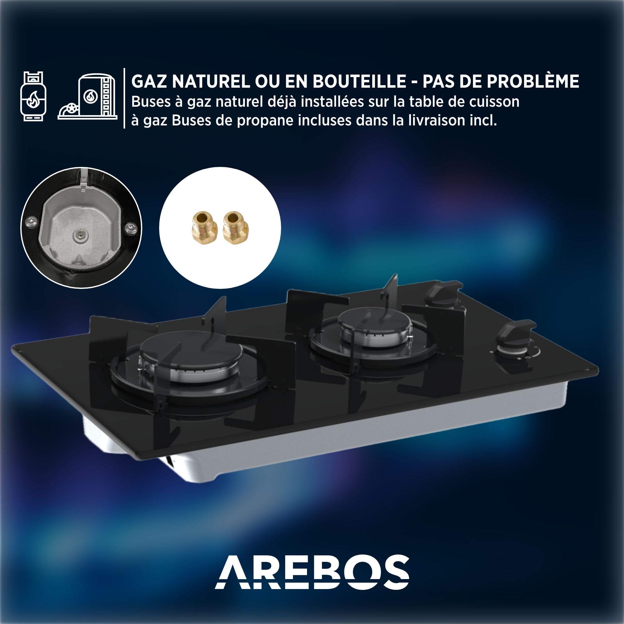 Arebos Plaque de cuisson à gaz 30 cm 2 brûleurs | Verre trempé | Encastrable avec supports en fonte | Compatible gaz naturel et propane | Sécurité d’allumage intégrée