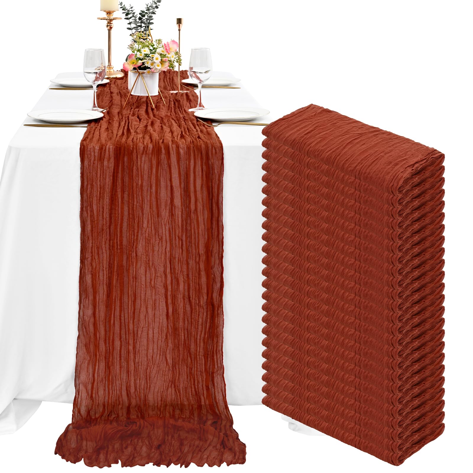Terrakotta-Käsetuch-Tischläufer, 3 m, Gaze-Tischläufer für Hochzeitsempfang, durchsichtig, Brautparty, Geburtstag, Party, Boho-Tischdekoration, rustikal, romantisch, Hochzeitsläufer, 24 Stück
