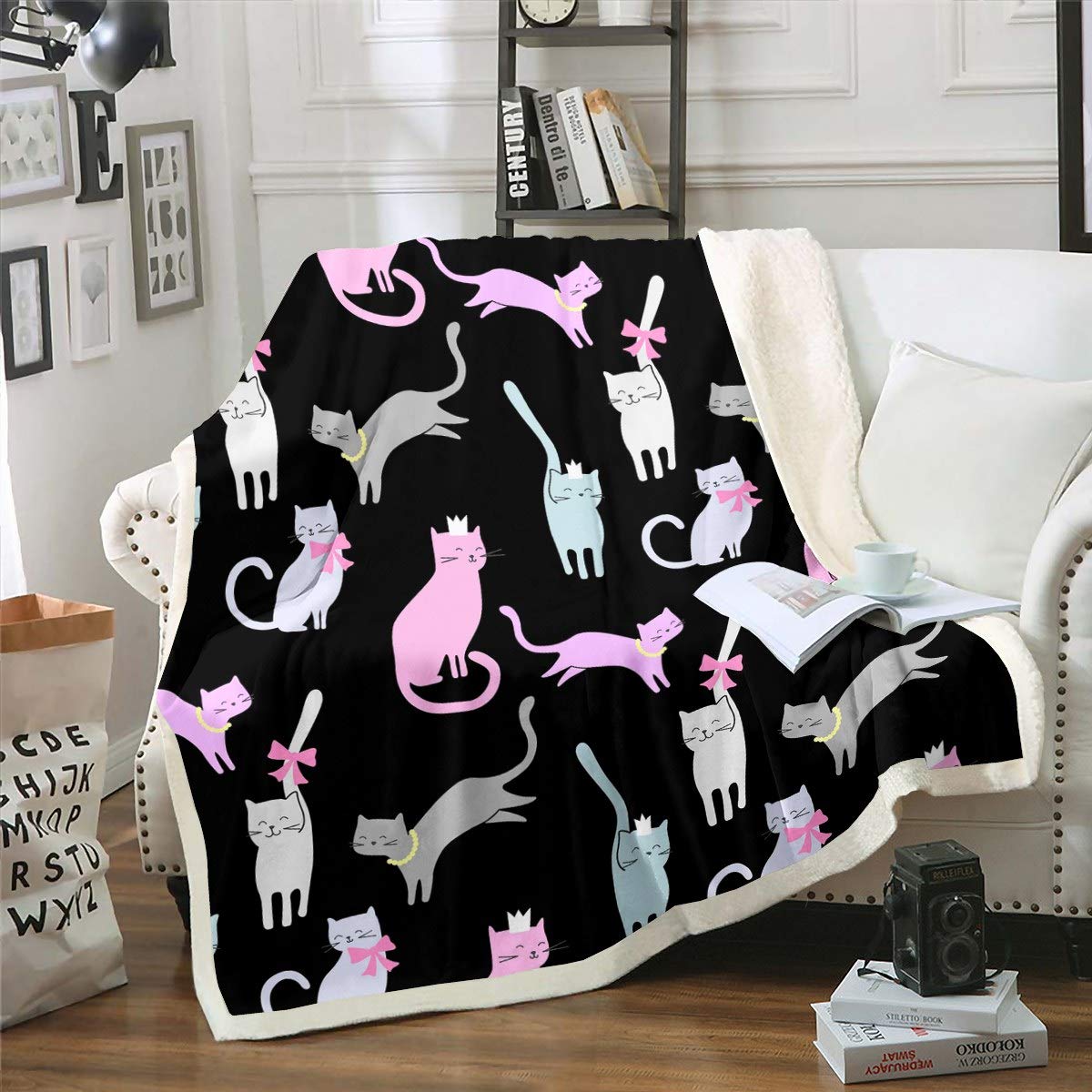 Loussiesd Multicolored 13231 Girly Cute Cat Plush Throw Blanket - Cartoon Kitten Pattern Fleece Sherpa With Pet Cats Design - Fuzzy Colorful Black Animal Theme Flannel For Sofa Couch Room Decor - Double 60"X79"