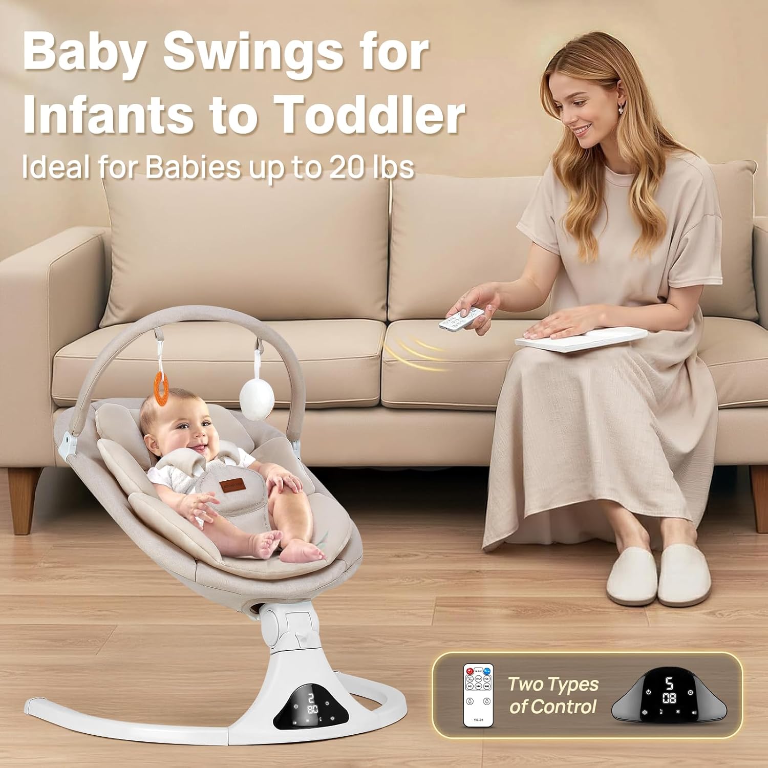 Baby Swing, Electric Infant Swing with Remote Control, 5 Speed Adjustable, Machine Washable Cushion, 5 Point Safety Harness, Bluetooth Music, Portable Baby Swing (Beige)
