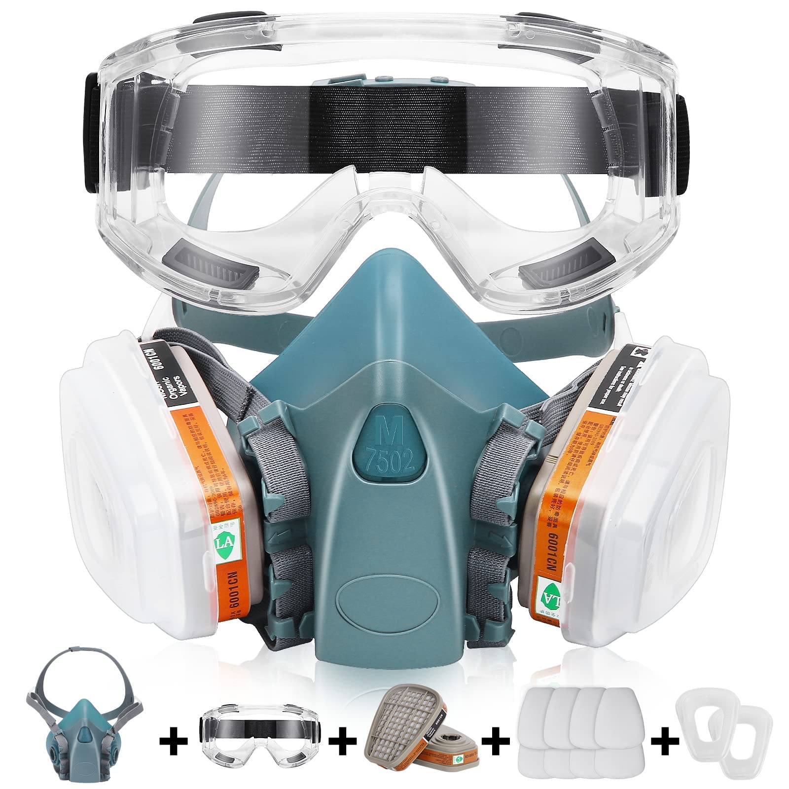 Half Facepiece Respirator, Reusable Chemicals Respirator with 8Pcs Filter Cottons and Goggle for Painting,Gas