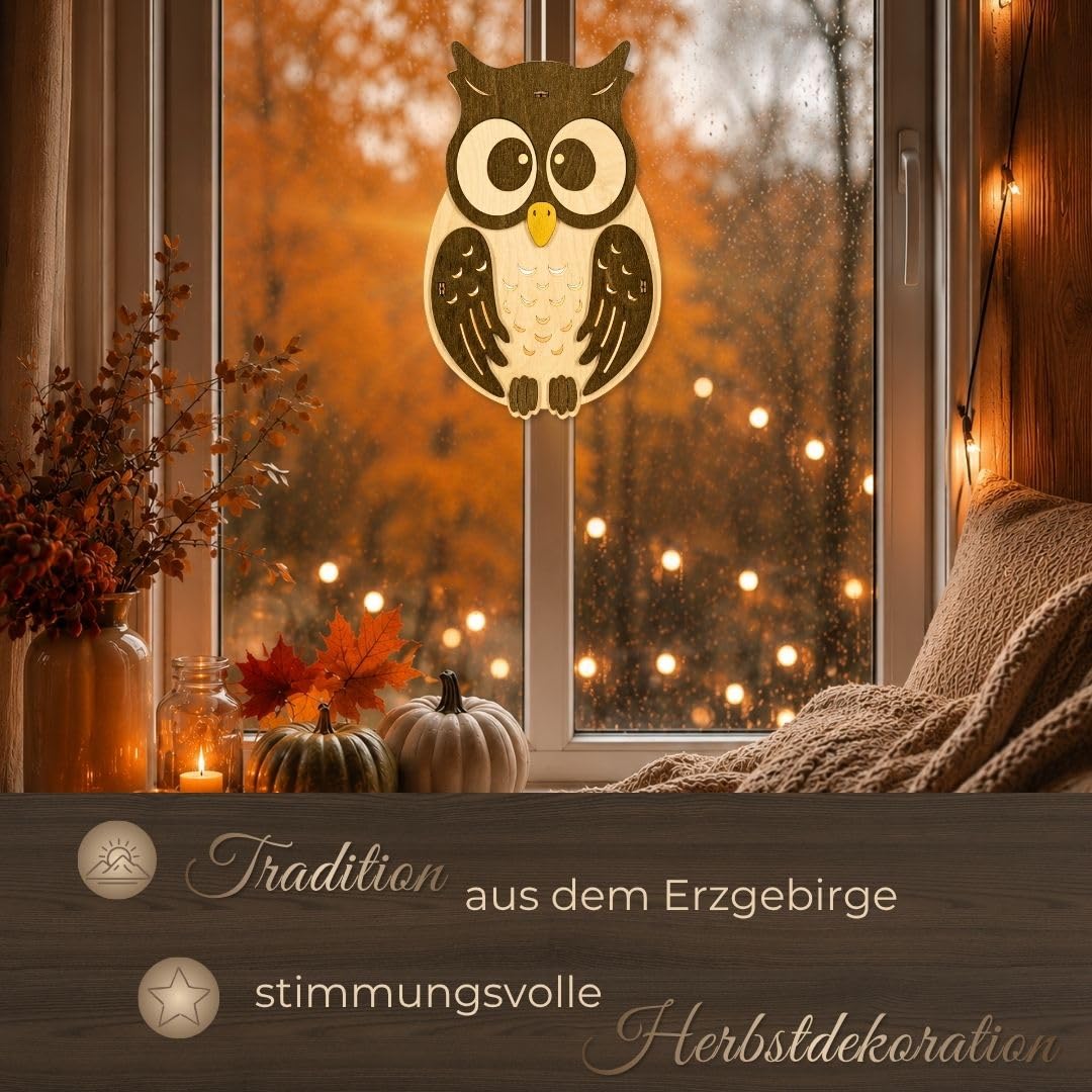 weigla - Fensterbild original Erzgebirge Eule I Herbstdeko Fenster I 1 Lampe I 7 W, E14 I Deko Fensterbild I Herbstbeleuchtung Holz I Fensterdeko hängend