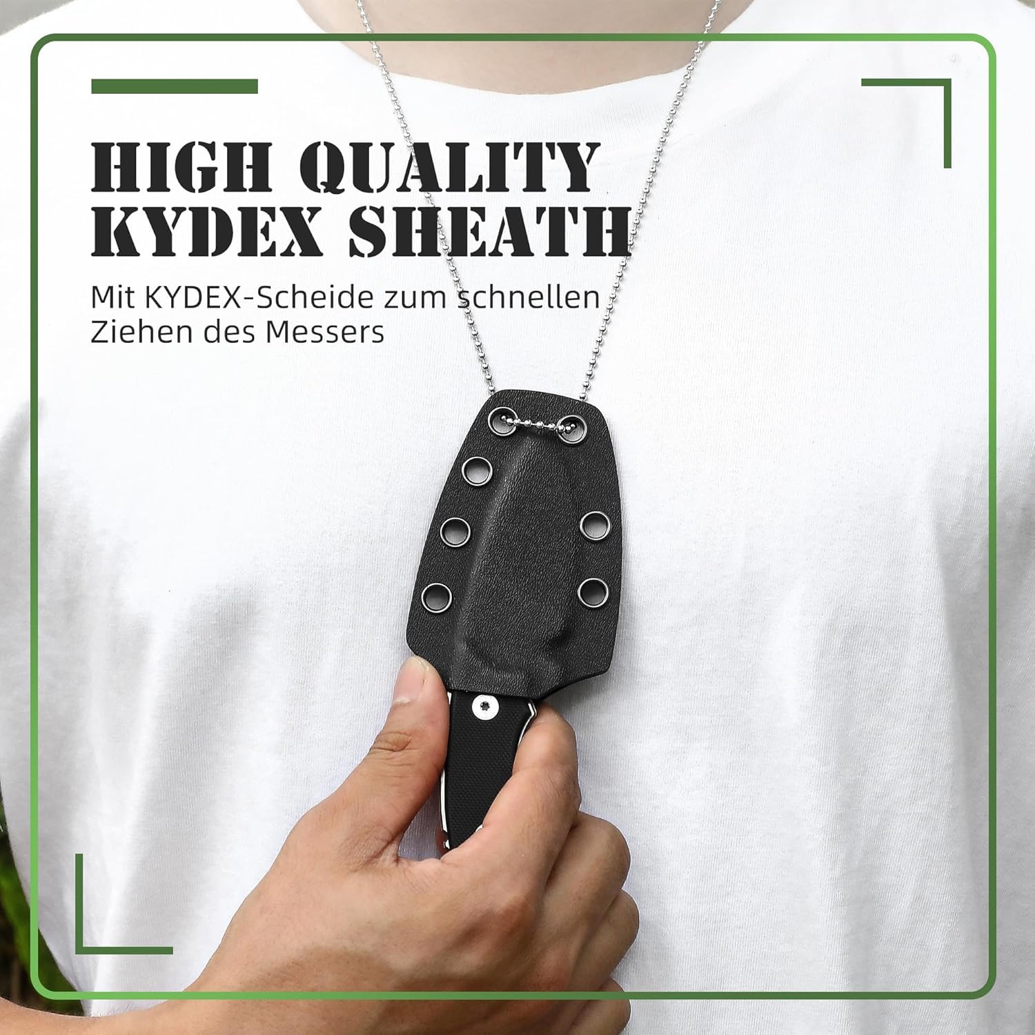 Omesio Cuchillo de cuello D2 acero 5.45 pulgadas con funda y collar