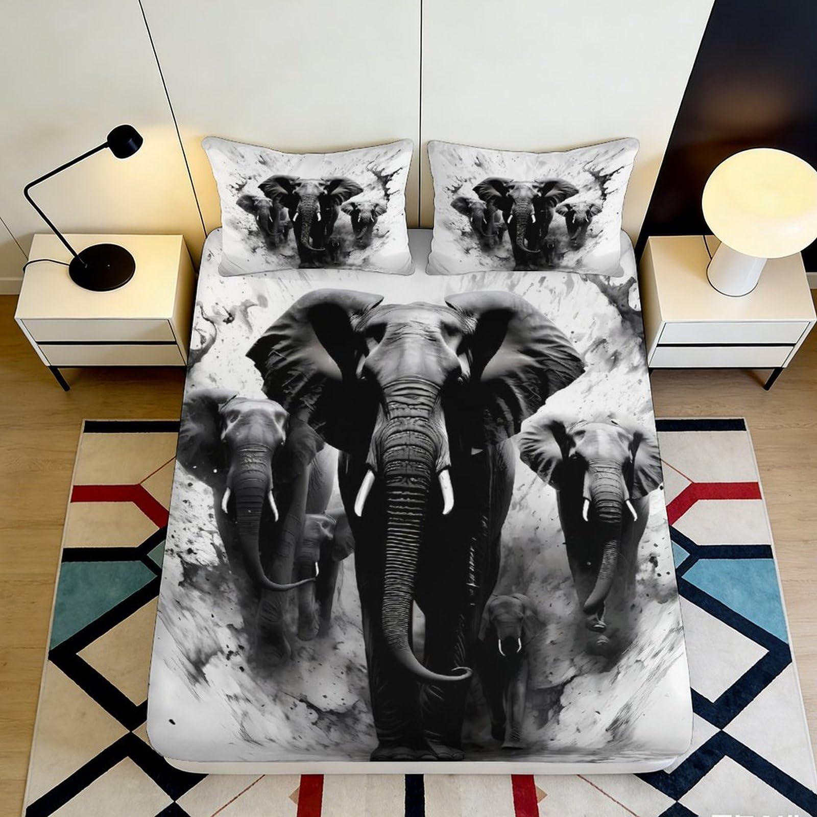 Pnayamiorkfel Style-5 3D Printed Elephant Herd Fitted Sheet Microfiber Soft Black White Bed Cover For Bedroom Guest Room Decor 90X200x25cm