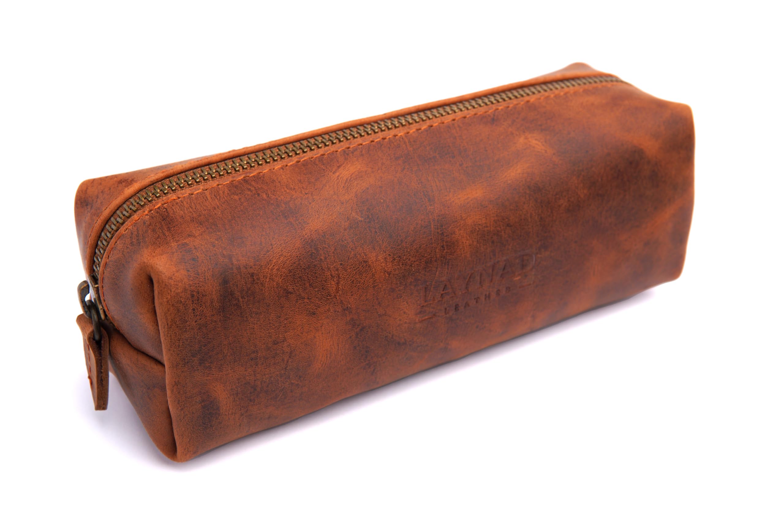 LAYNAD 100% Full Grain Leather Pencil Case, Vintage Classic Look Pouch, 1.6 mm Thickness, Big Space & Lightweight Box for Stationary, Cosmetic & Jewellery, Brass Zipper & Handmade (Brown)