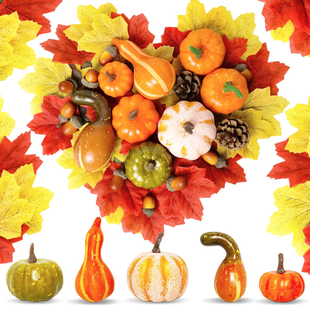 QIMMU 70 Stück Herbstdeko Kürbis,Kürbis Deko,Zierkürbisse Deko,Künstliche Ahornblätter,Eicheln und Tannenzapfen,für Herbstdekoration,Tischdeko,Halloween Dekoration