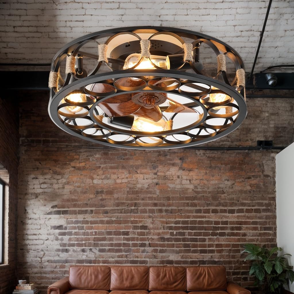 20" Caged Ceiling Fan with Light Flush Mount & Remote, Black Wrought Iron Industrial, Silent Reversible Farmhouse Fans Ceiling with Light for Bedroom Kitchen