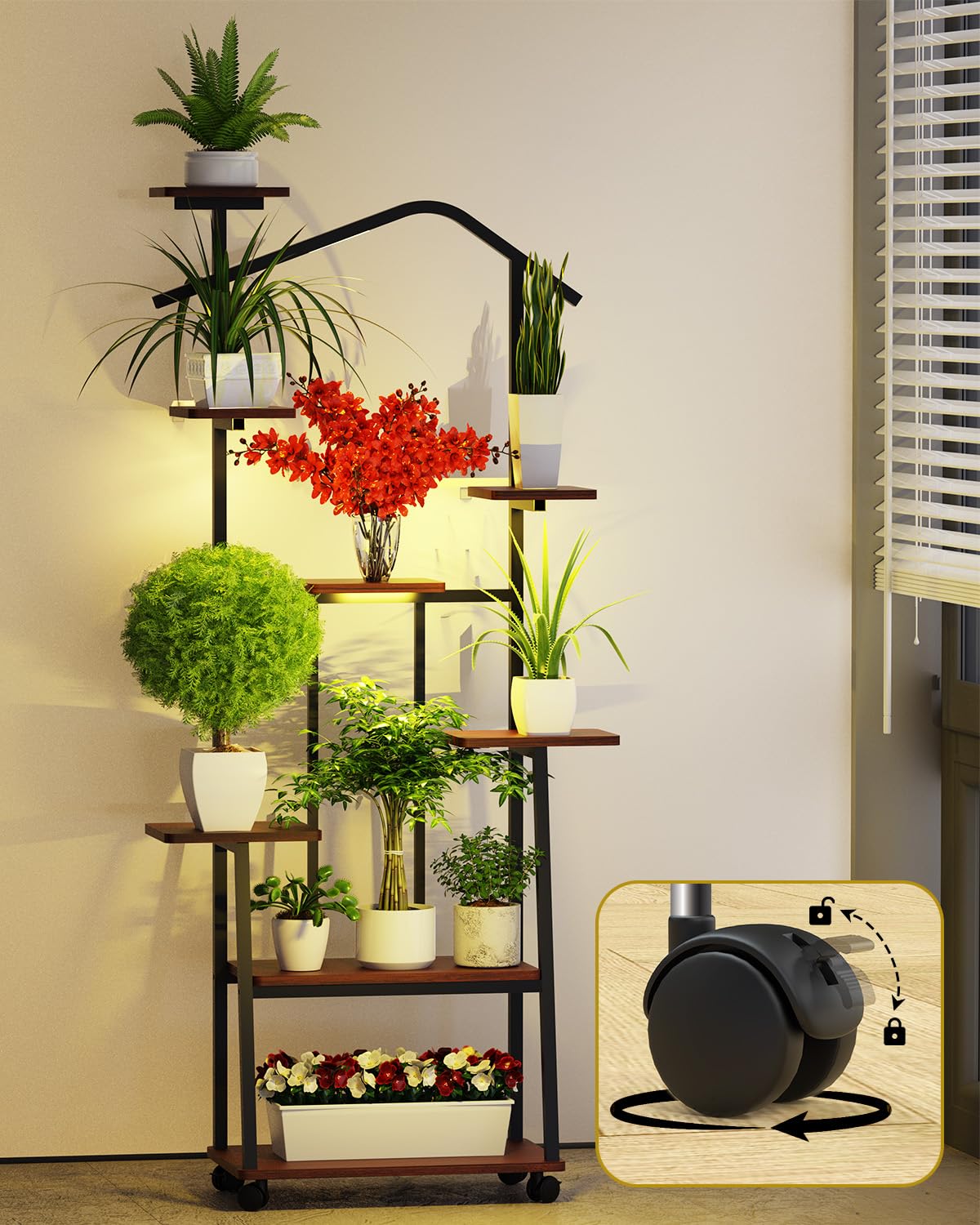 loyal Pflanzenständer mit Wachstumslicht - 8-stufiger Indoor Pflanzenstände, 157cm Metall-Holz-Pflanzenständer - Dekorativer schwarzer Blumenständer für den Indoor-Balkon