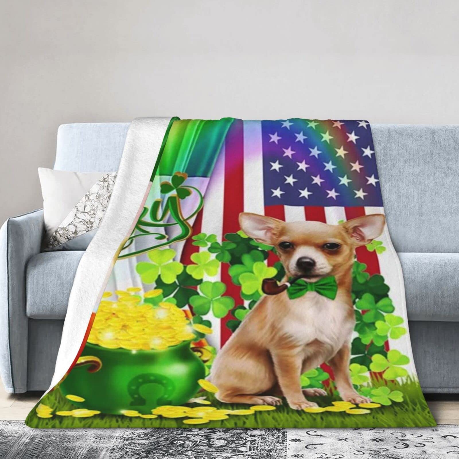 Lsjuee Flannel Fleece Blanket 50"X40" Chihuahua Irish Lucky Dog Bed Throw Blanket Funny Ultra-Soft Travel Spring Blankets for Mens Keep Warm