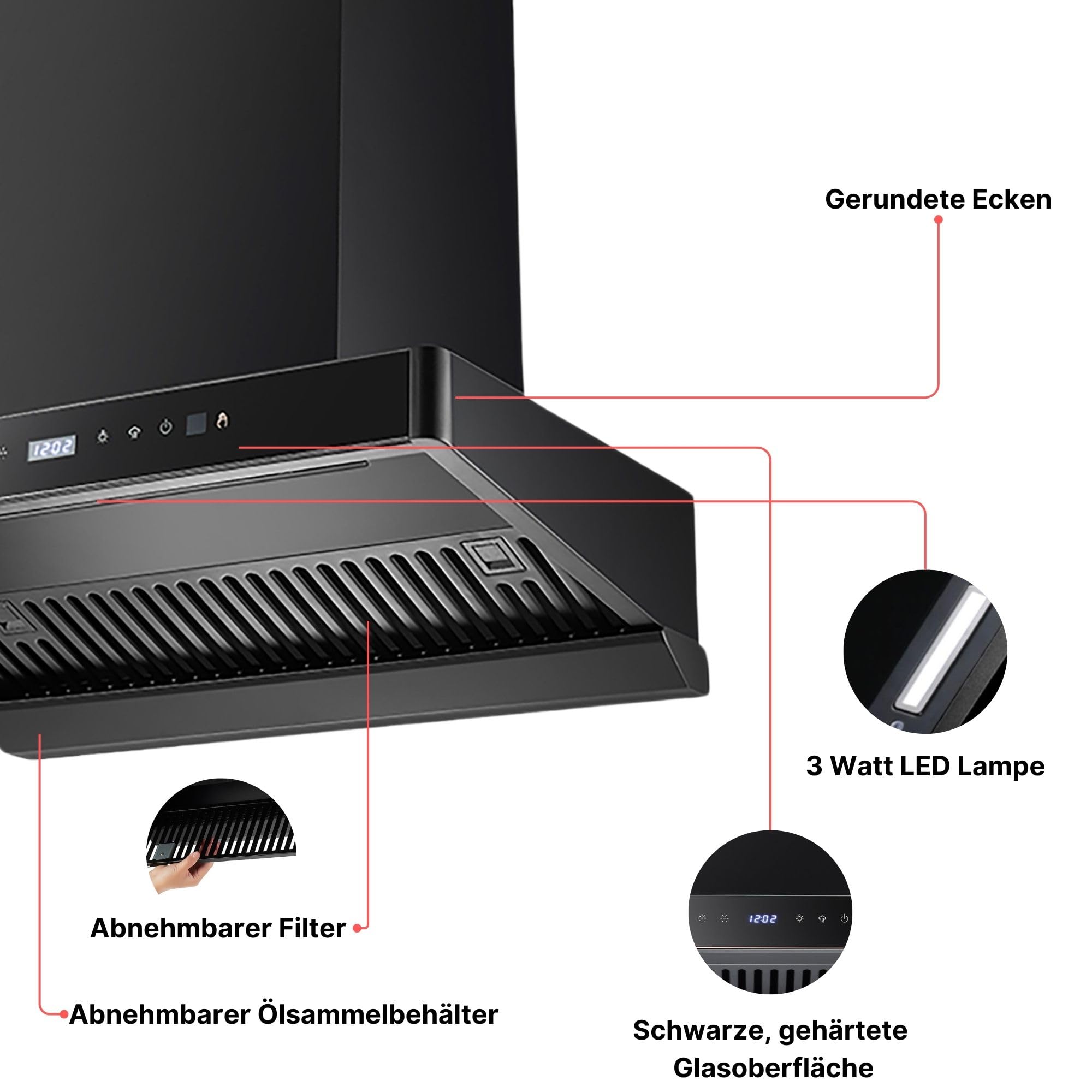 Cappa Aspirante 90 Cm ELK152H90 - Aspirazione 1350 M³/h, 8 Livelli, Filtro Carboni Attivi, Classe A+, Vetro Nero - Foto 7