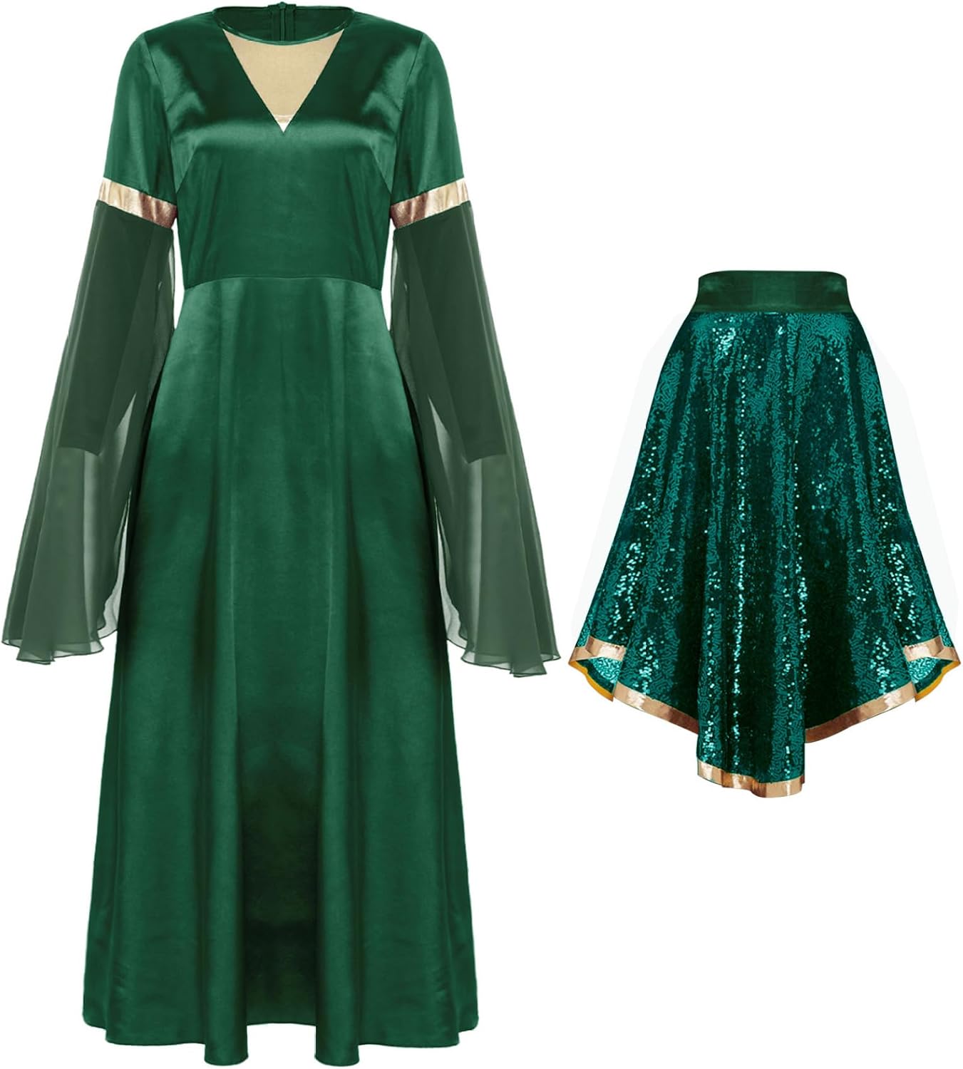 Women's Praise Dance Outfits Flared Long Sleeve Dress Overlays with Sequin Skirt Liturgical Dancewear