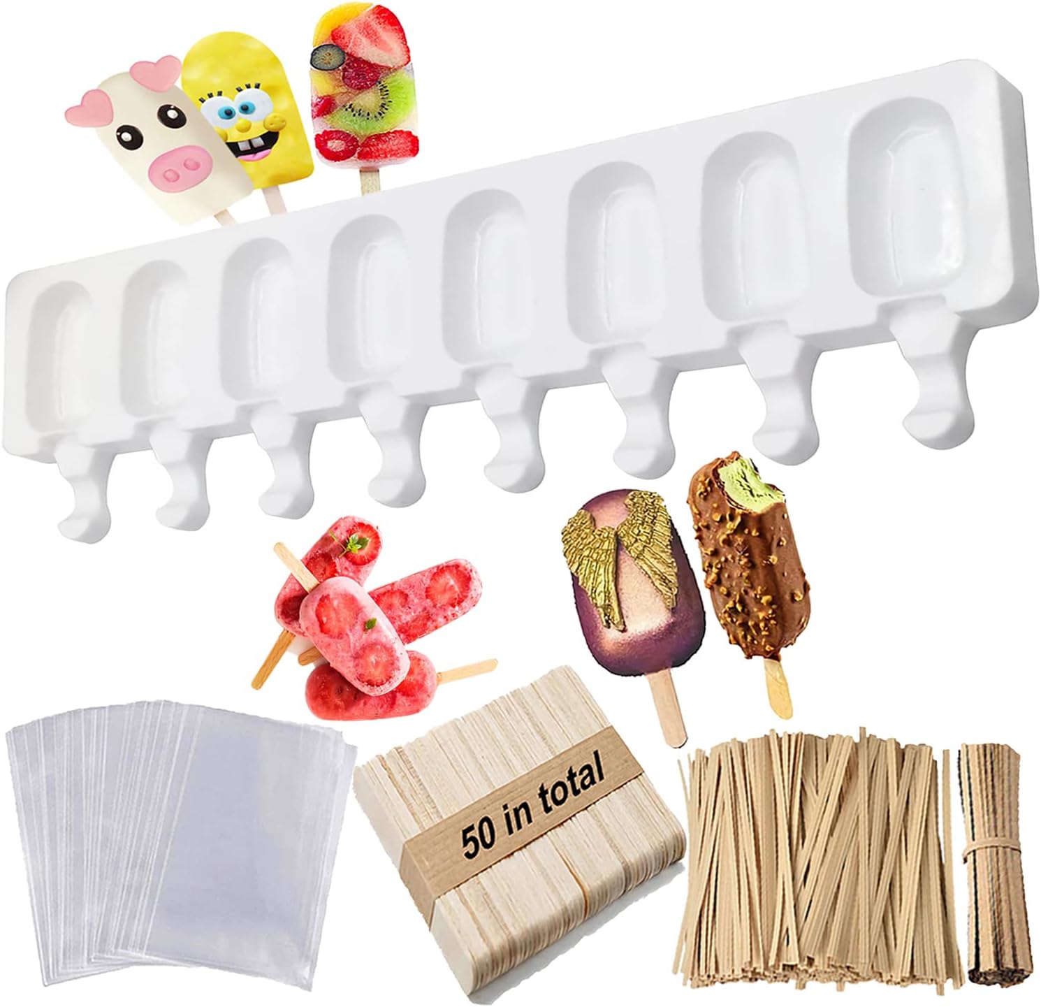 Ice-Cream Silicone Bar Mould Maker Frozen Dessert Chocolate Cake Popsicle Tray Ice Lolly Moulds + 50 Reusable Bamboo Sticks (Large, Silicone)