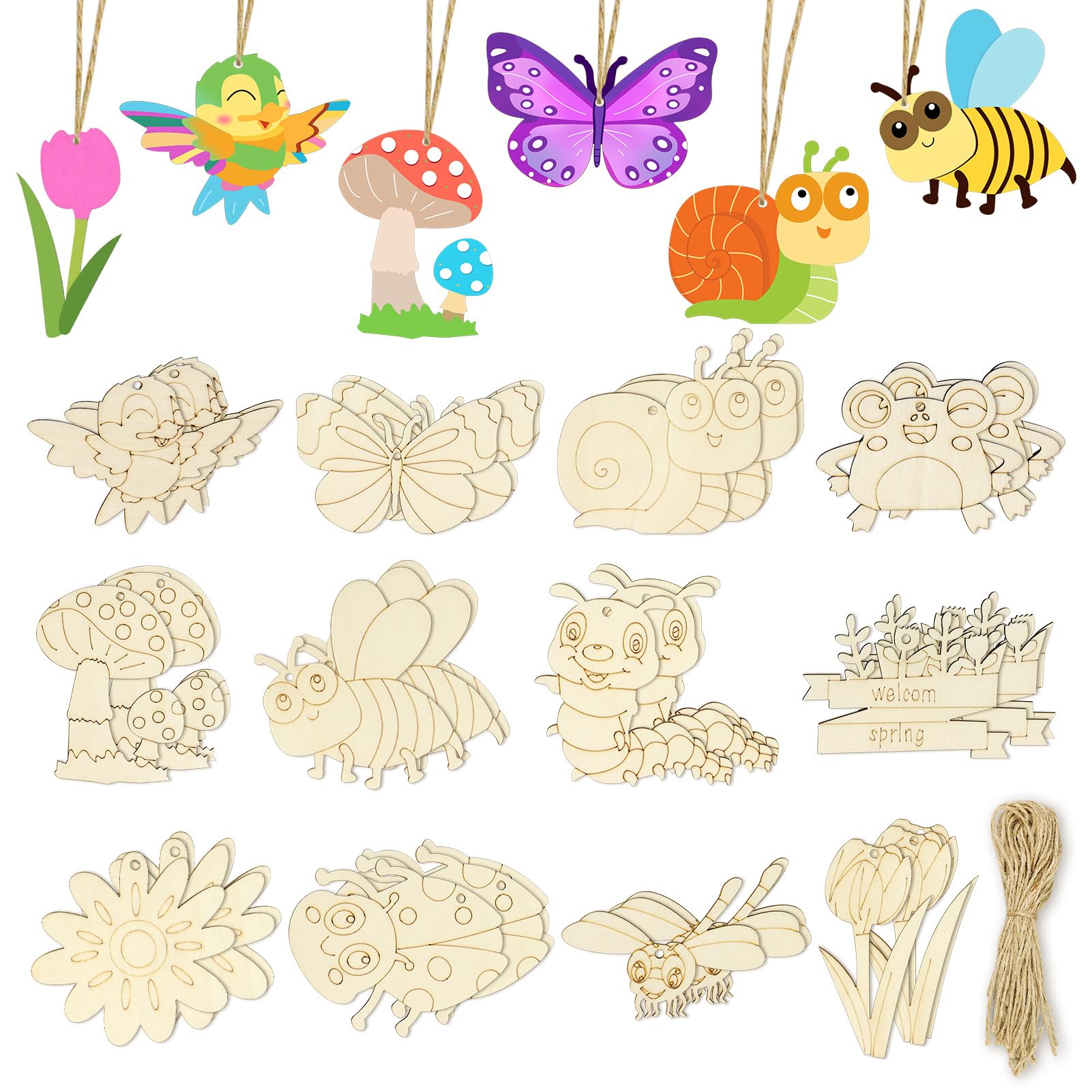 36 Pcs DIY Wooden Crafts Set for Kids, 12 Styles Blank Wood Ornaments, Butterfly Dragonfly Snail Flower Shape for DIY Crafts Home Decoration Craft Project