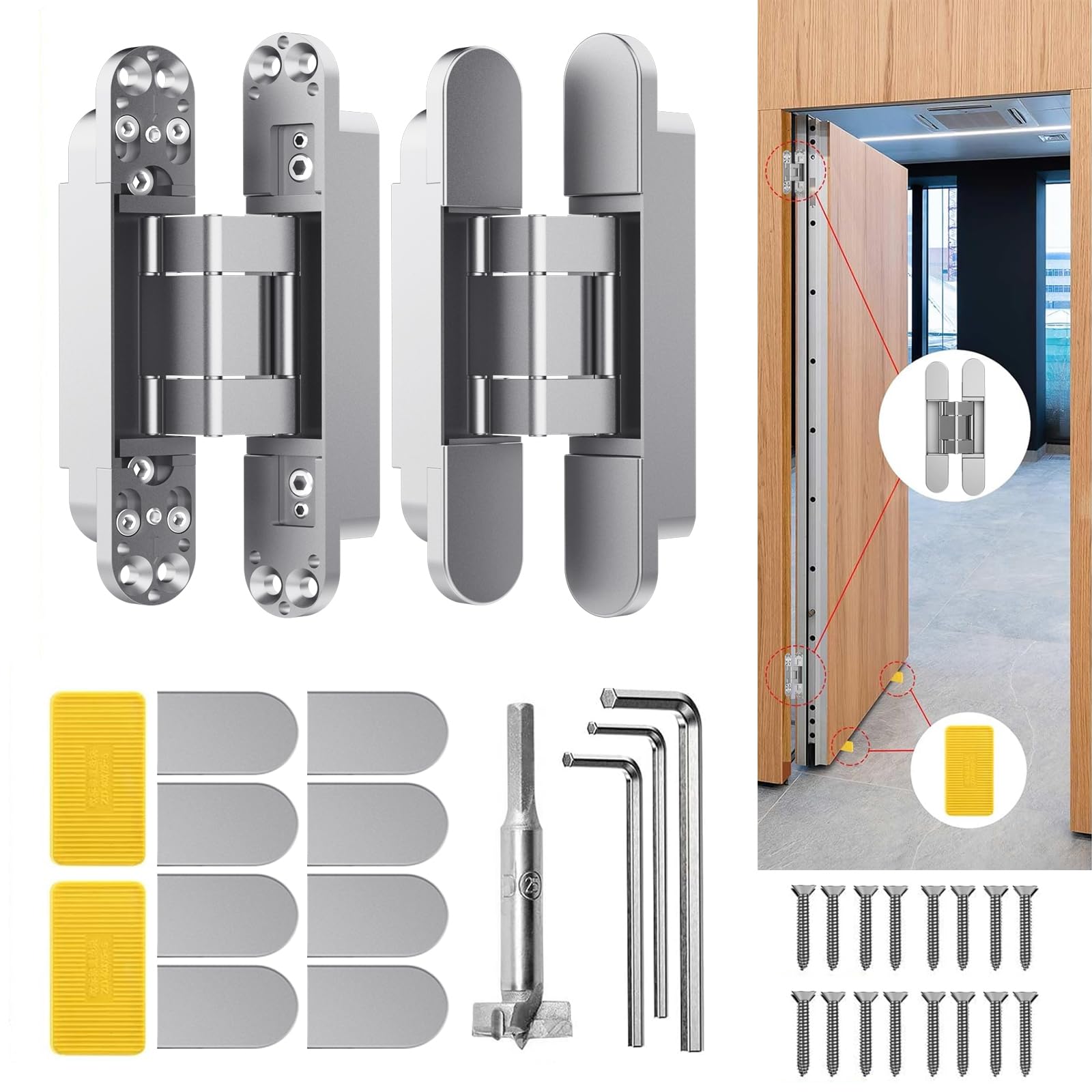 Bisagra de puerta oculta de 6 pulgadas, bisagra silenciosa de puerta invisible de 180 grados, bisagra ajustable de 3 vías, 6 x 2.5 x 1 pulgadas, color negro (paquete de 2) (plata 6 pulgadas)