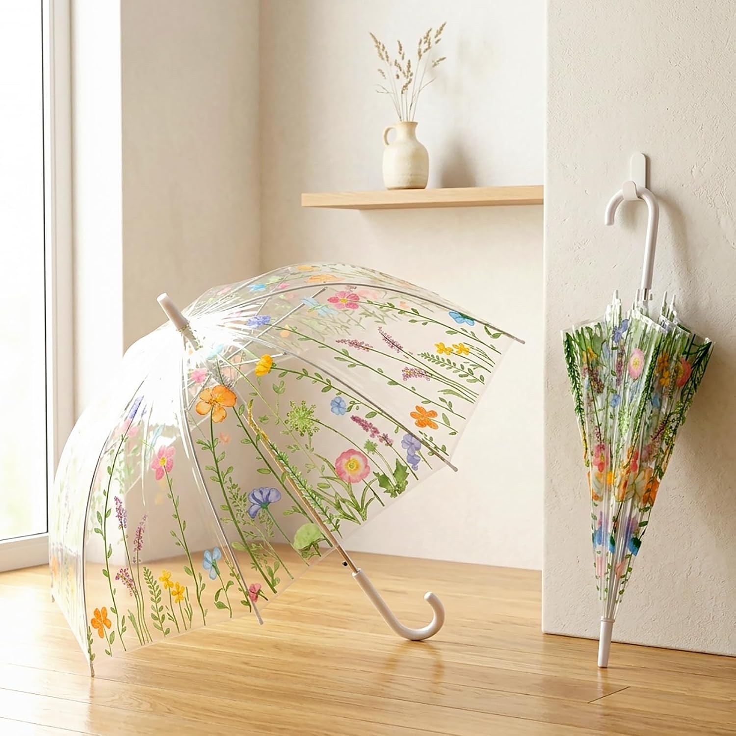 2 Pack Wildflower Blossom Clear Umbrella Plastic Transparent Travel Clear Floral Rain Umbrella Outdoor Fashionable Windproof for Adult Kids Girls Romantic Wedding Decoration Auto Open