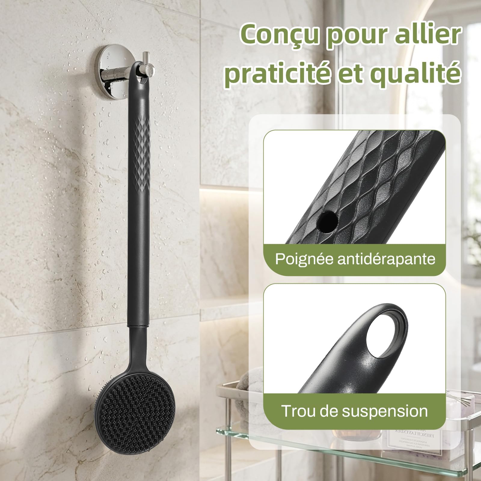 Brosse de dos télescopique avec manche long de 58,5 cm, brosse de bain pour la douche, brosse de douche double face pour le gommage et la massage