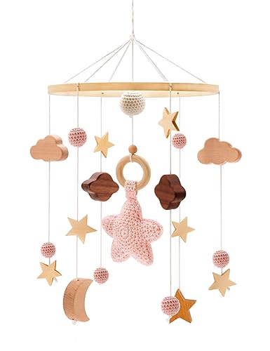 AONTUS Móviles de cuna de madera, cuentas de lana para niños, niñas, bebés, decoración de habitación (campanas de madera con nubes azules)