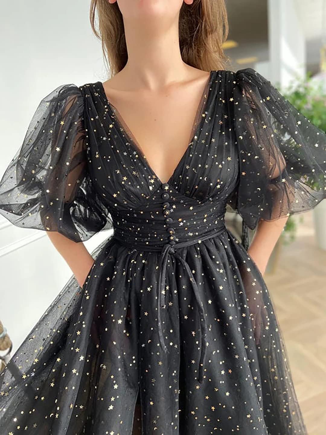 Sparkle Starry Tulle Prom Dresses Puffy Sleeve Evening Gowns Slit Formal Party Dress with Pockets Tea Length